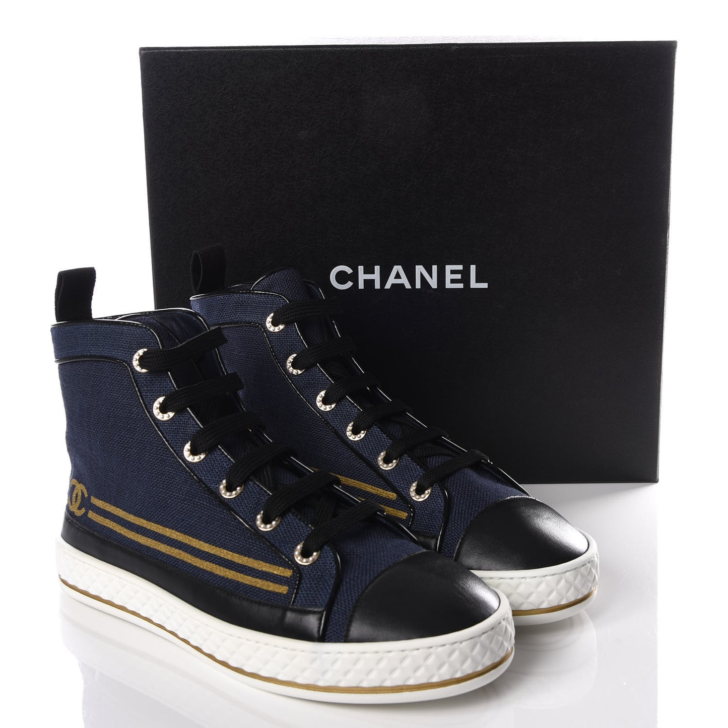 Fabric Lambskin Lace Up Cap Toe Sneakers 40 Navy Black
