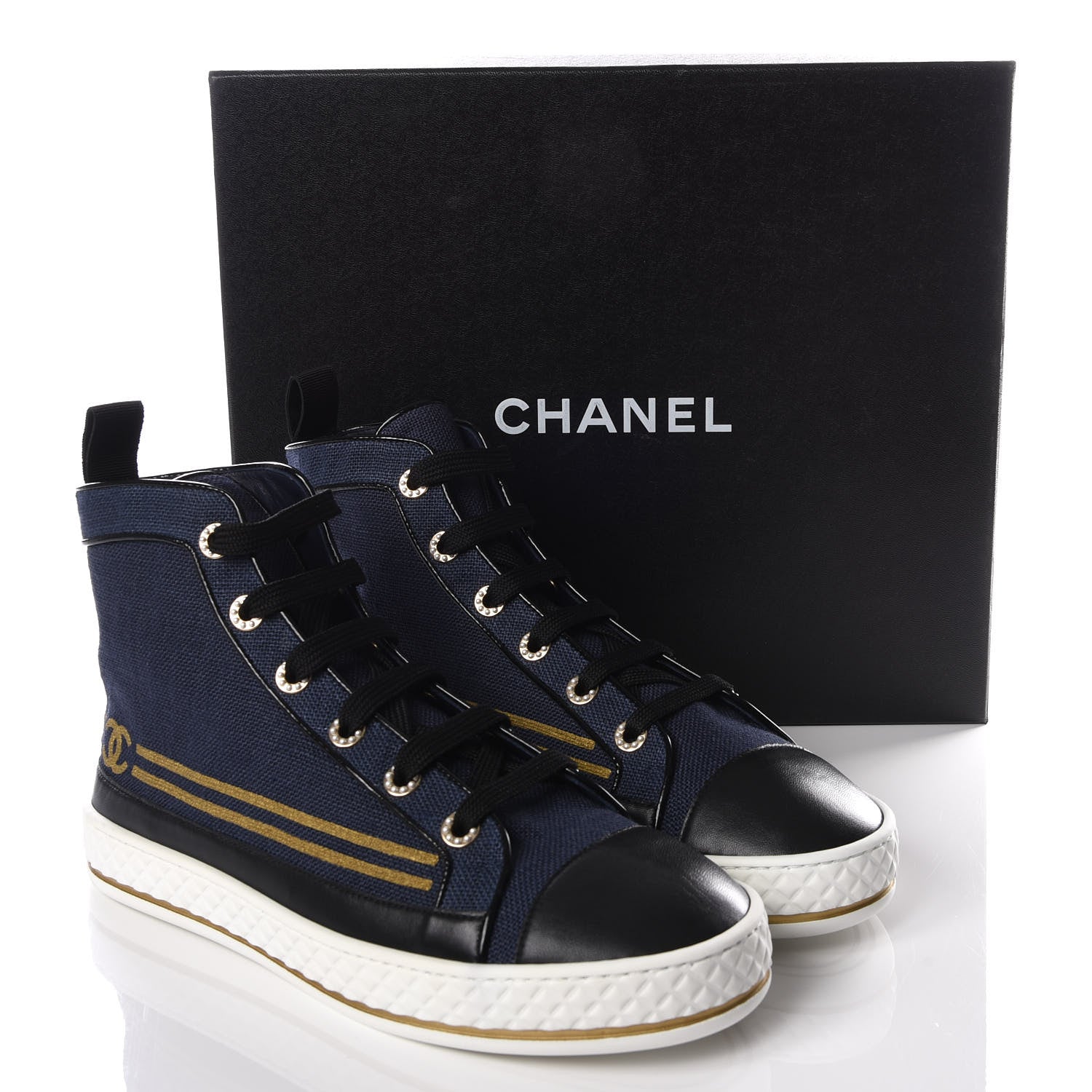 Chanel Fabric Lambskin Lace Up Cap Toe Sneakers 40 Navy Black 7 of 9