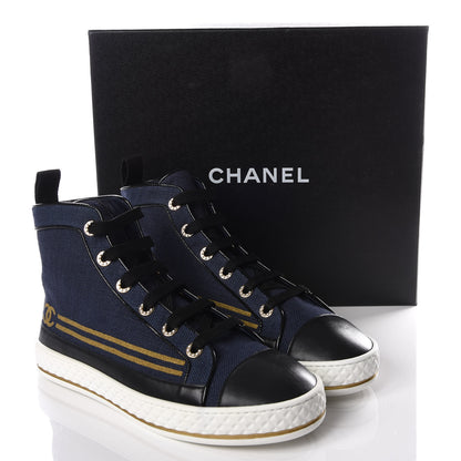Chanel Fabric Lambskin Lace Up Cap Toe Sneakers 40 Navy Black 7 of 9