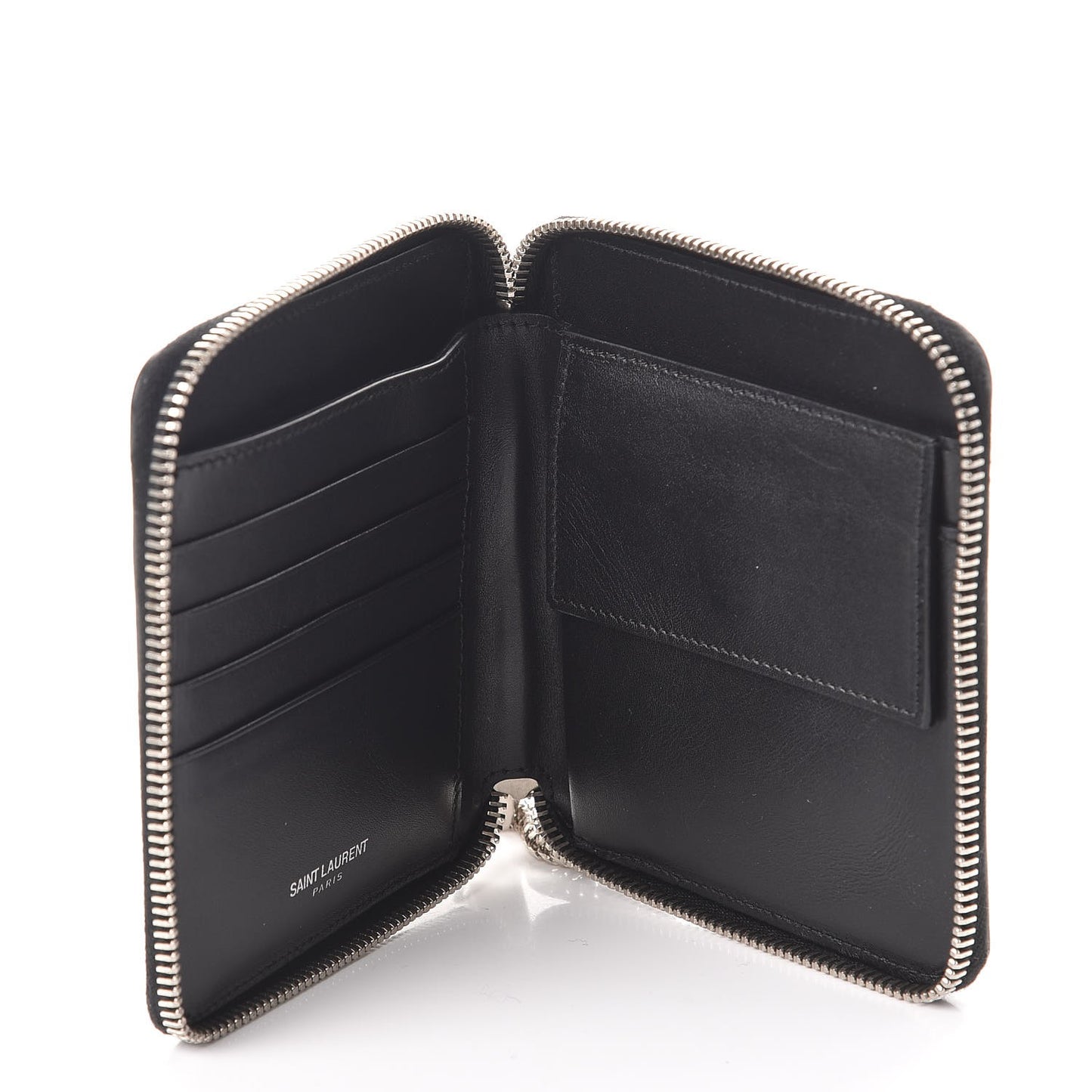 Mens Calfskin Compact Chain Zip Around Wallet Black