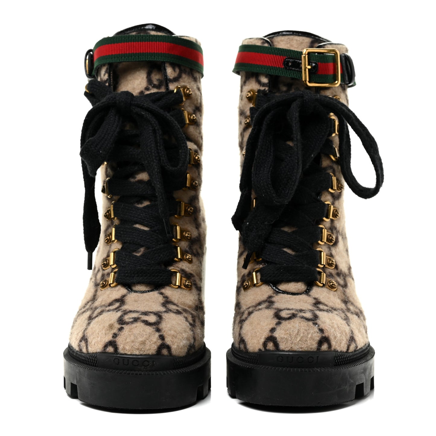 Covered Wool GG Monogram Womens Lace Up Combat Ankle Boots 38 Beige Ebony Black