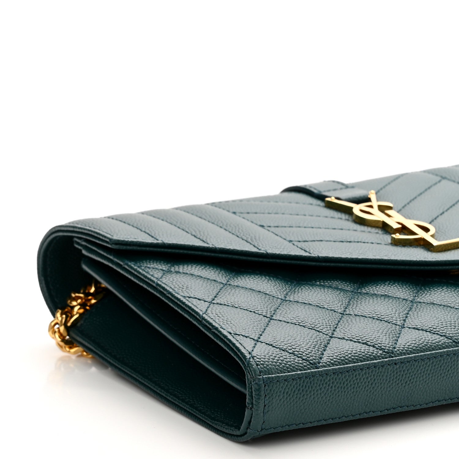 Saint Laurent Grain De Poudre Mixed Matelasse Triquilt Monogram Chain Wallet Sea Turquoise 8 of 9