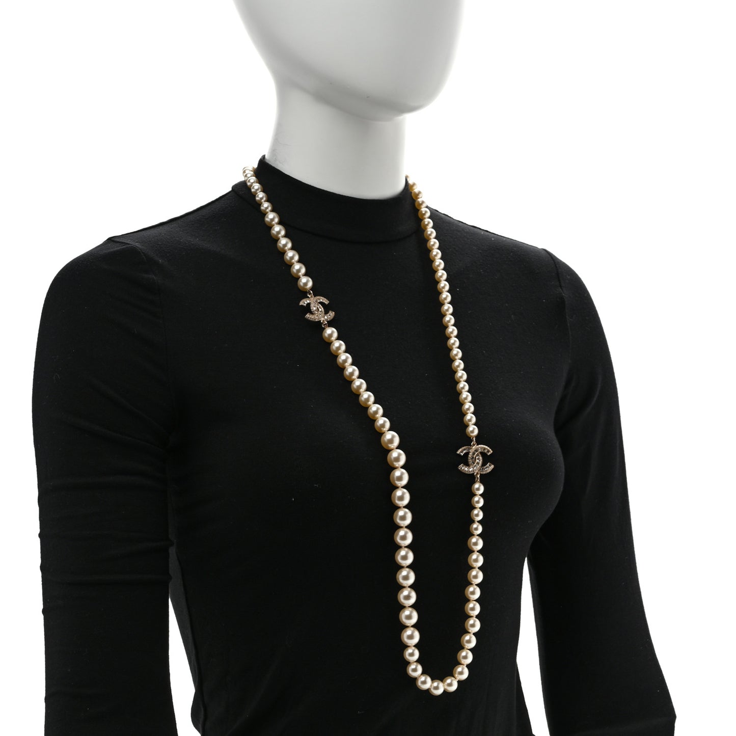 Pearl Baguette Crystal Long CC Necklace Gold