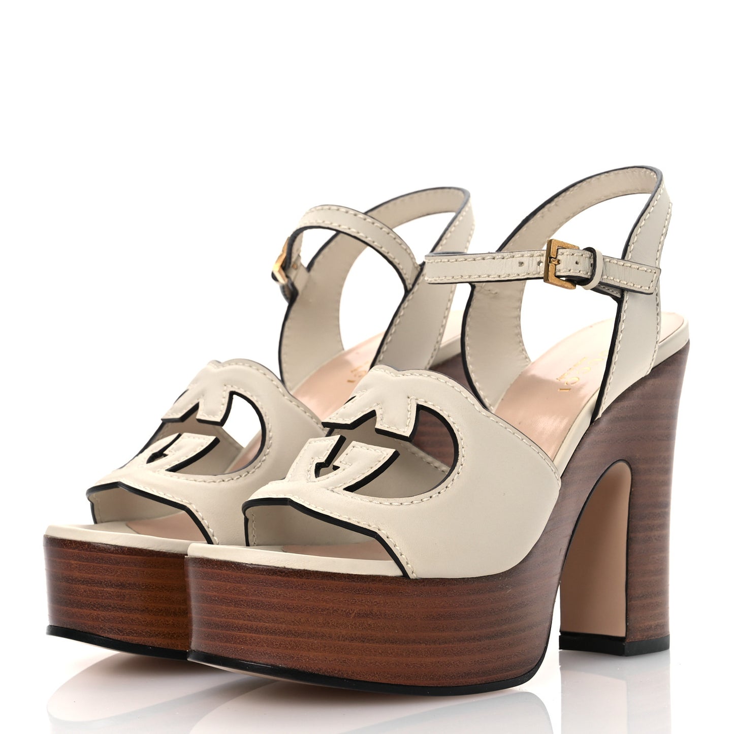 Cosmos Softy Calfskin Wooden Interlocking G Cut-Out 30/120mm Platform Sandals 35.5 Mystic White