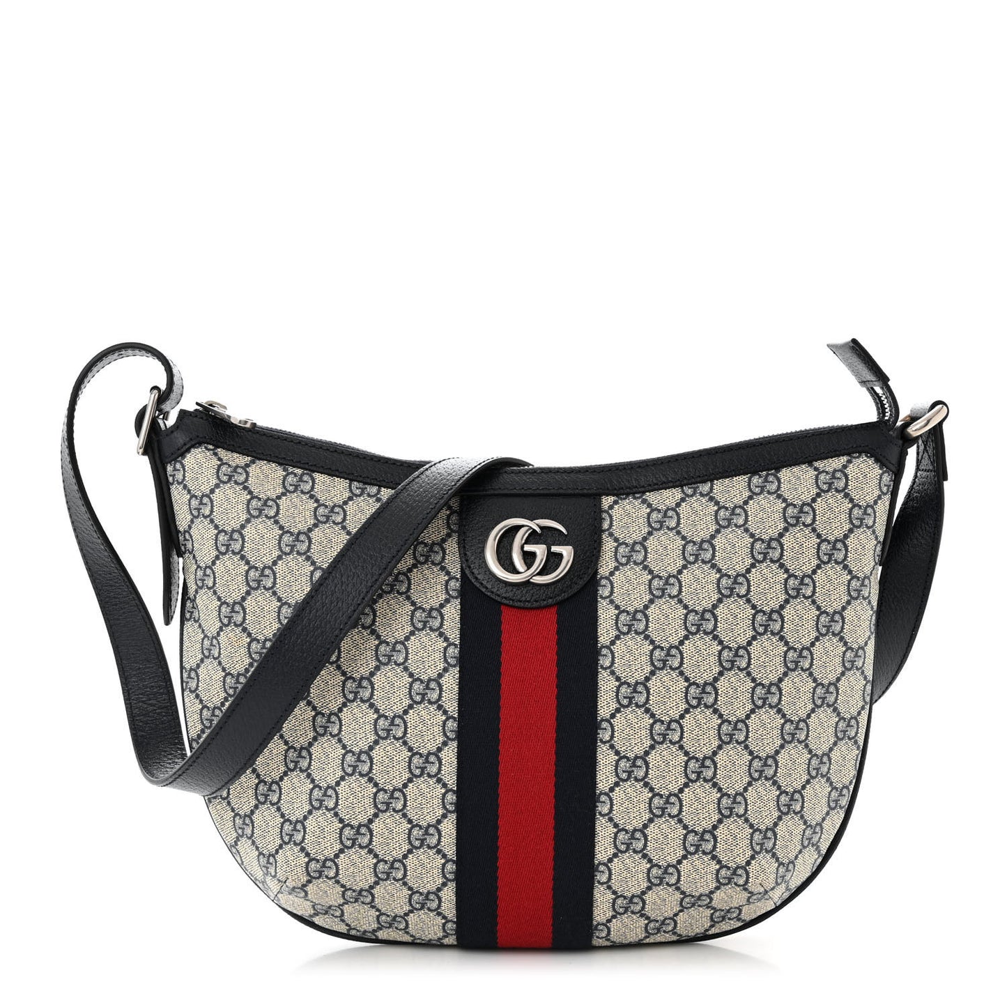 GG Supreme Monogram Textured Dollar Calfskin Web Small Ophidia Half Moon Hobo Beige Blue