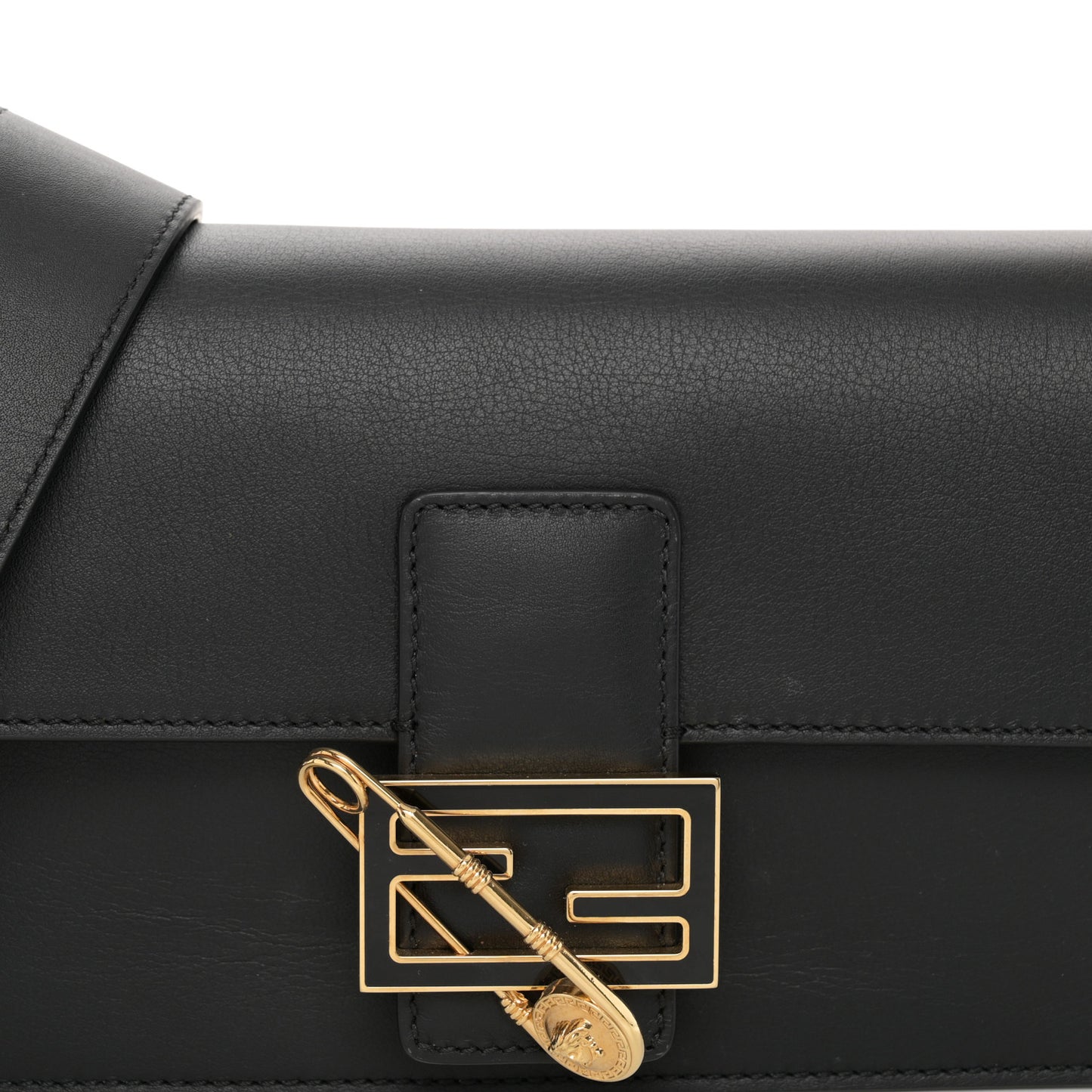 X VERSACE Vitello Seta Fendace Brooch Baguette Black