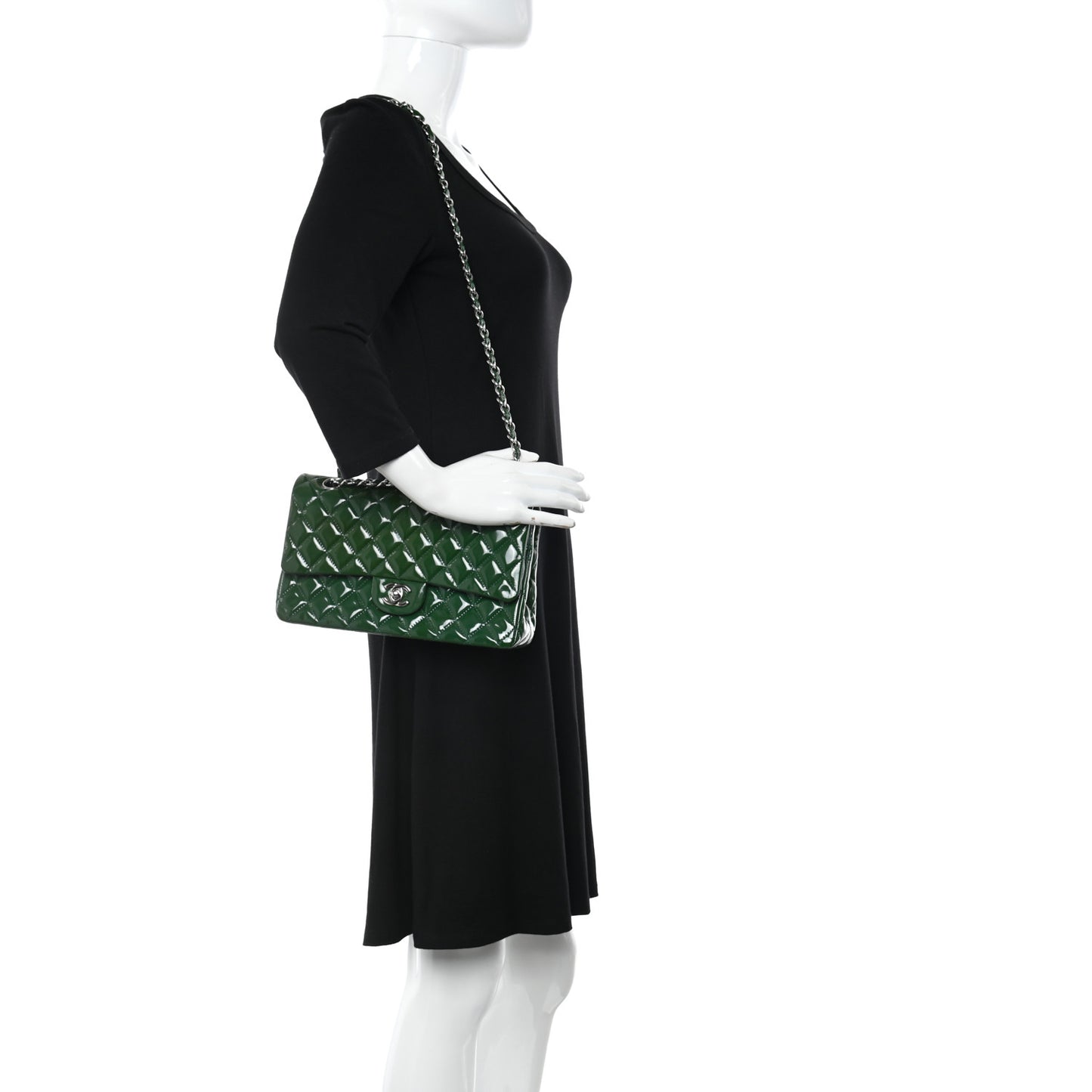 Patent Calfskin Quilted Medium Double Flap Green