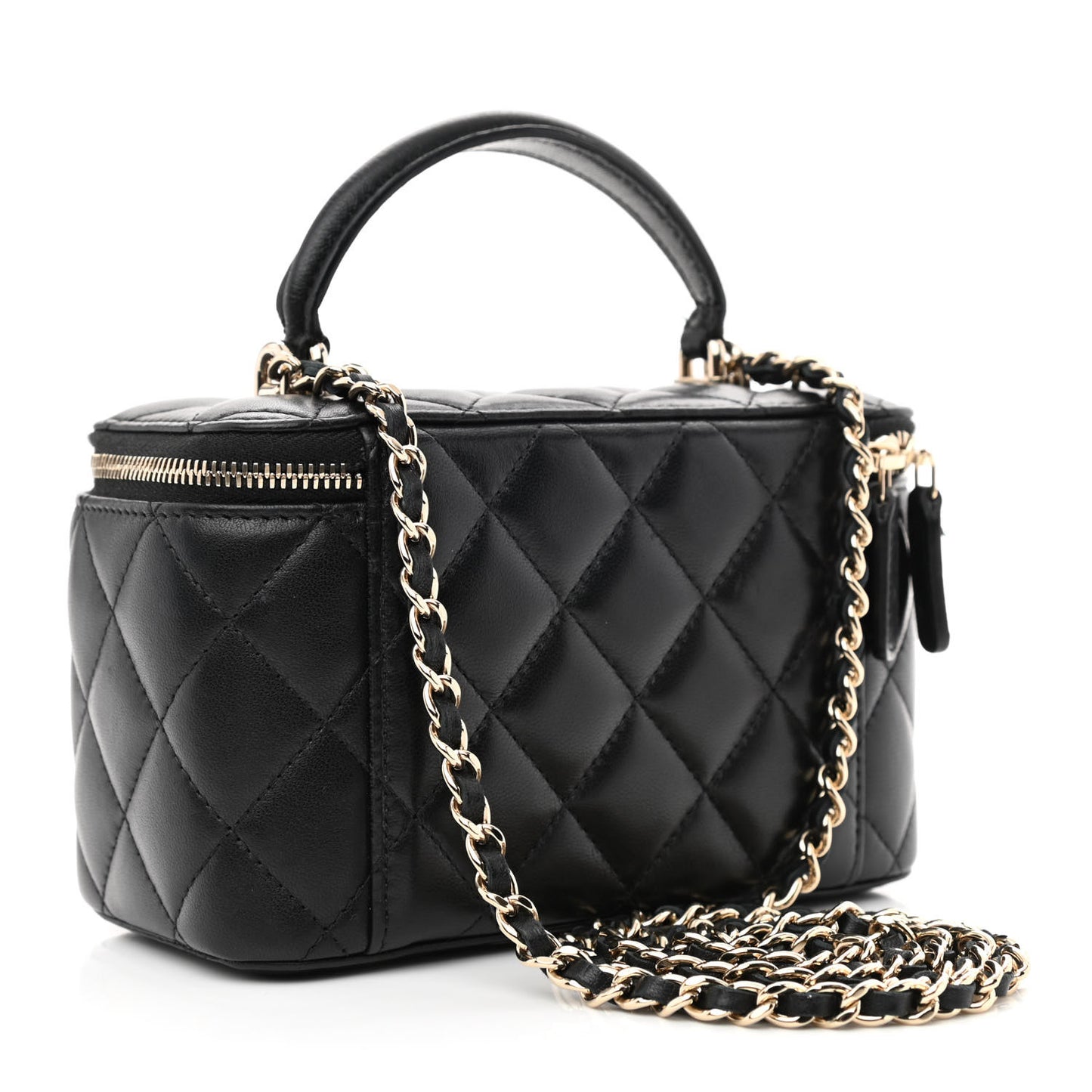Lambskin Quilted Small Top Handle Vanity Case With Chain Black