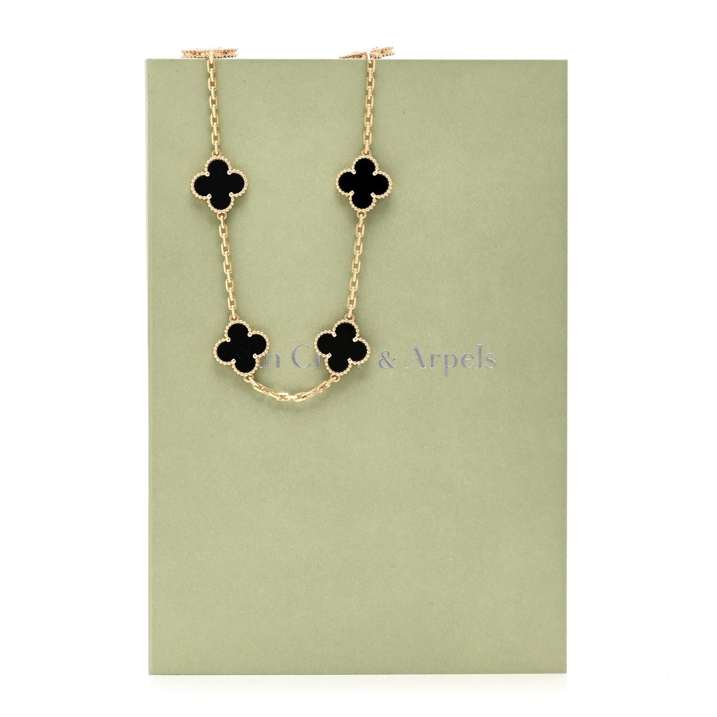 18K Yellow Gold Black Onyx 10 Motifs Vintage Alhambra Necklace