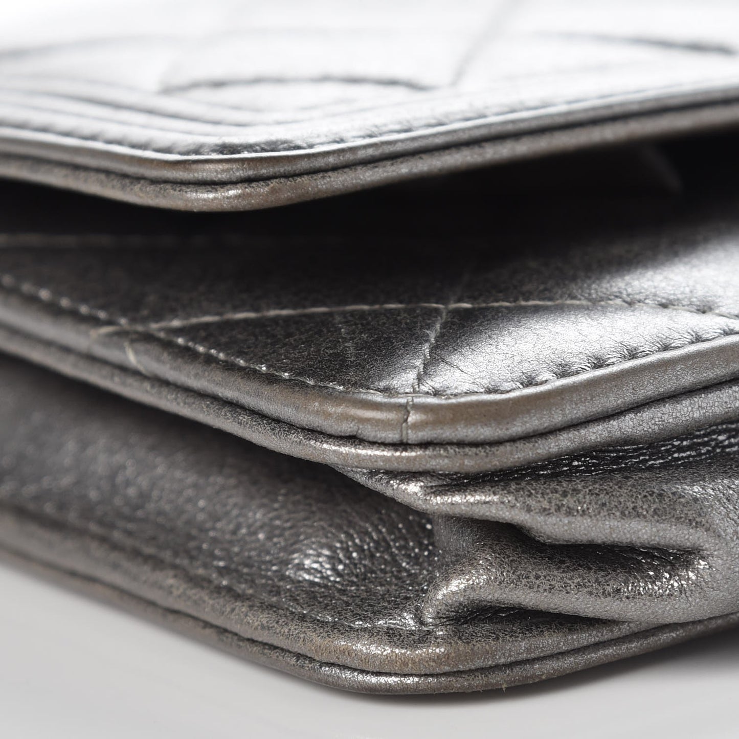 Metallic Calfskin Quilted Boy Wallet On Chain WOC Silver
