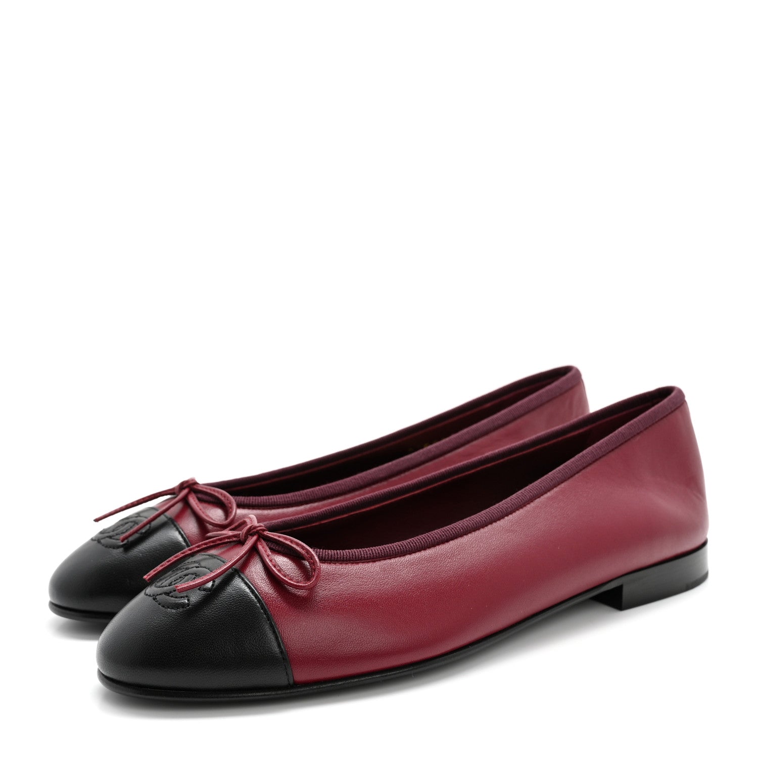 Chanel Lambskin Cap Toe CC Ballerina Flats 38.5 Burgundy Black 3 of 9