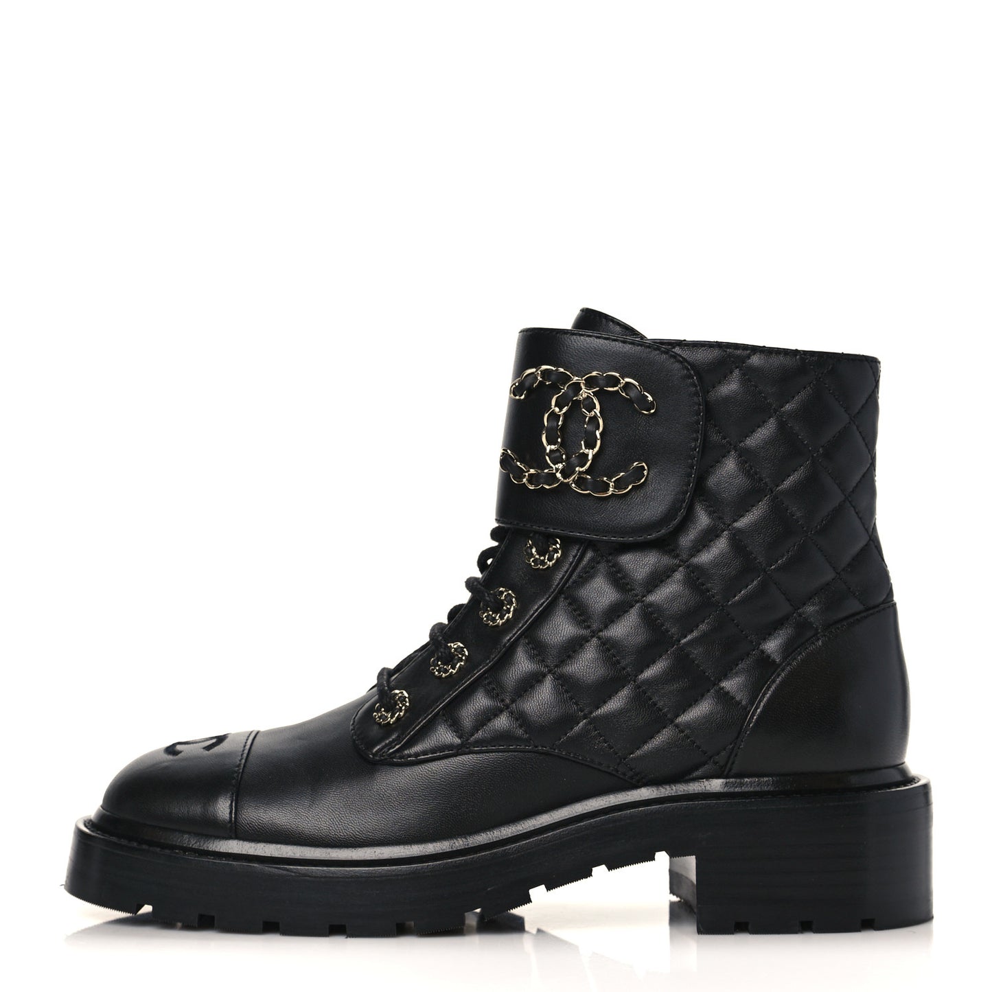 Shiny Lambskin Quilted Lace Up Combat Boots 38.5 Black