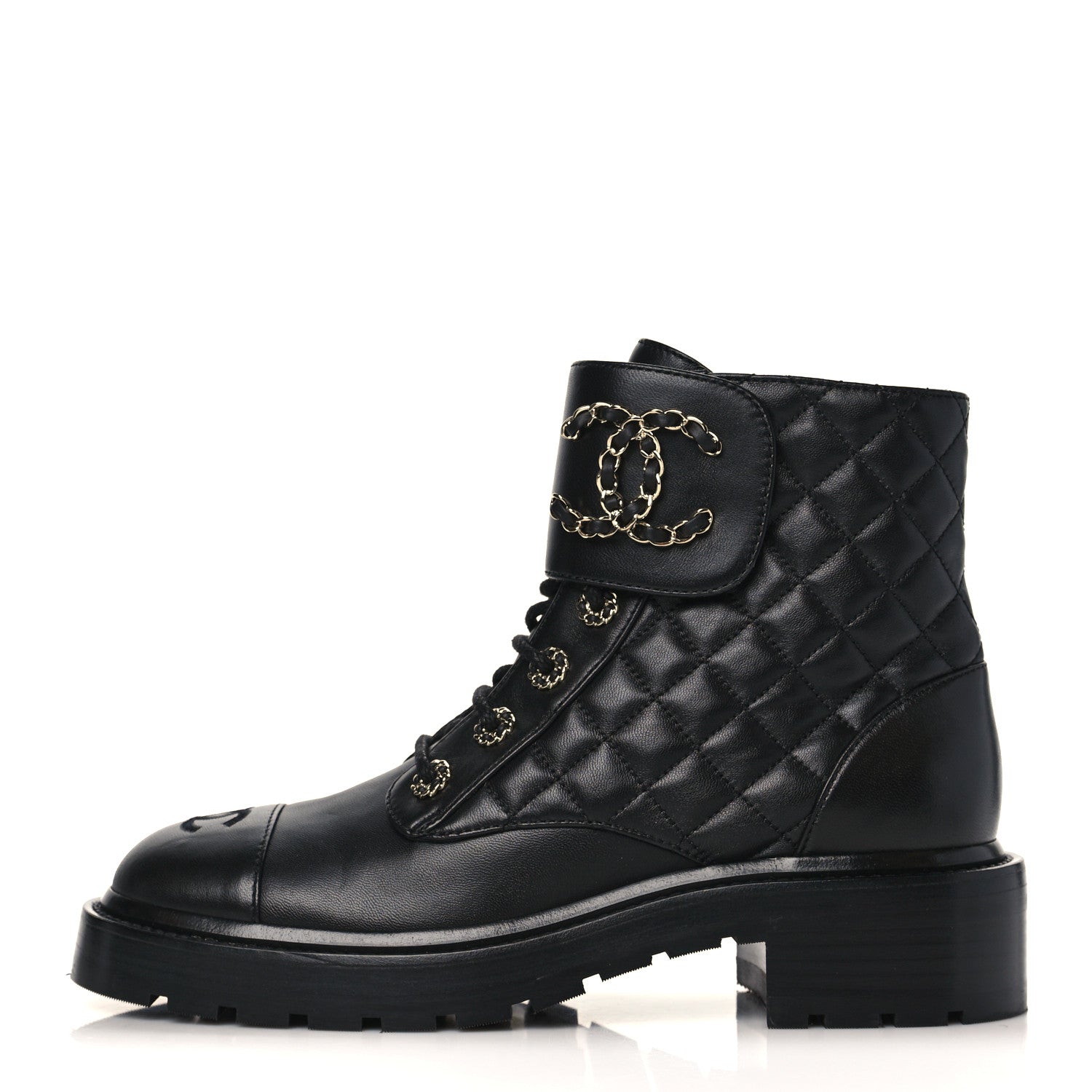 Chanel Shiny Lambskin Quilted Lace Up Combat Boots 38.5 Black 1 of 8