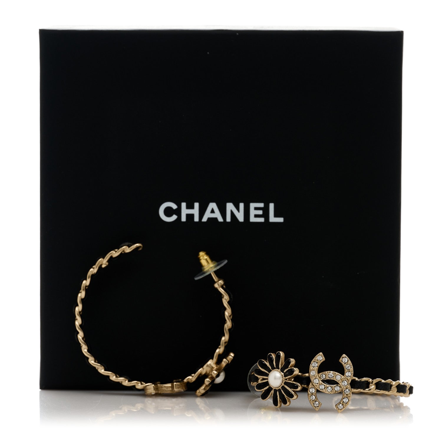 Chanel Lambskin Crystal Pearl CC Daisy CC Hoop Earrings Gold Black 5 of 5
