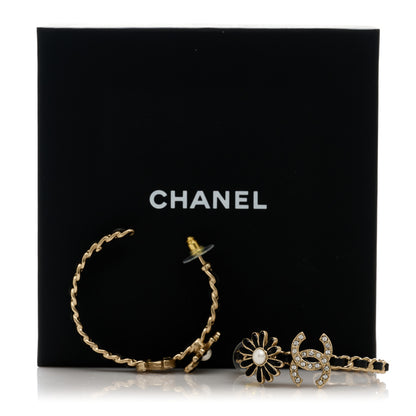 Chanel Lambskin Crystal Pearl CC Daisy CC Hoop Earrings Gold Black 5 of 5