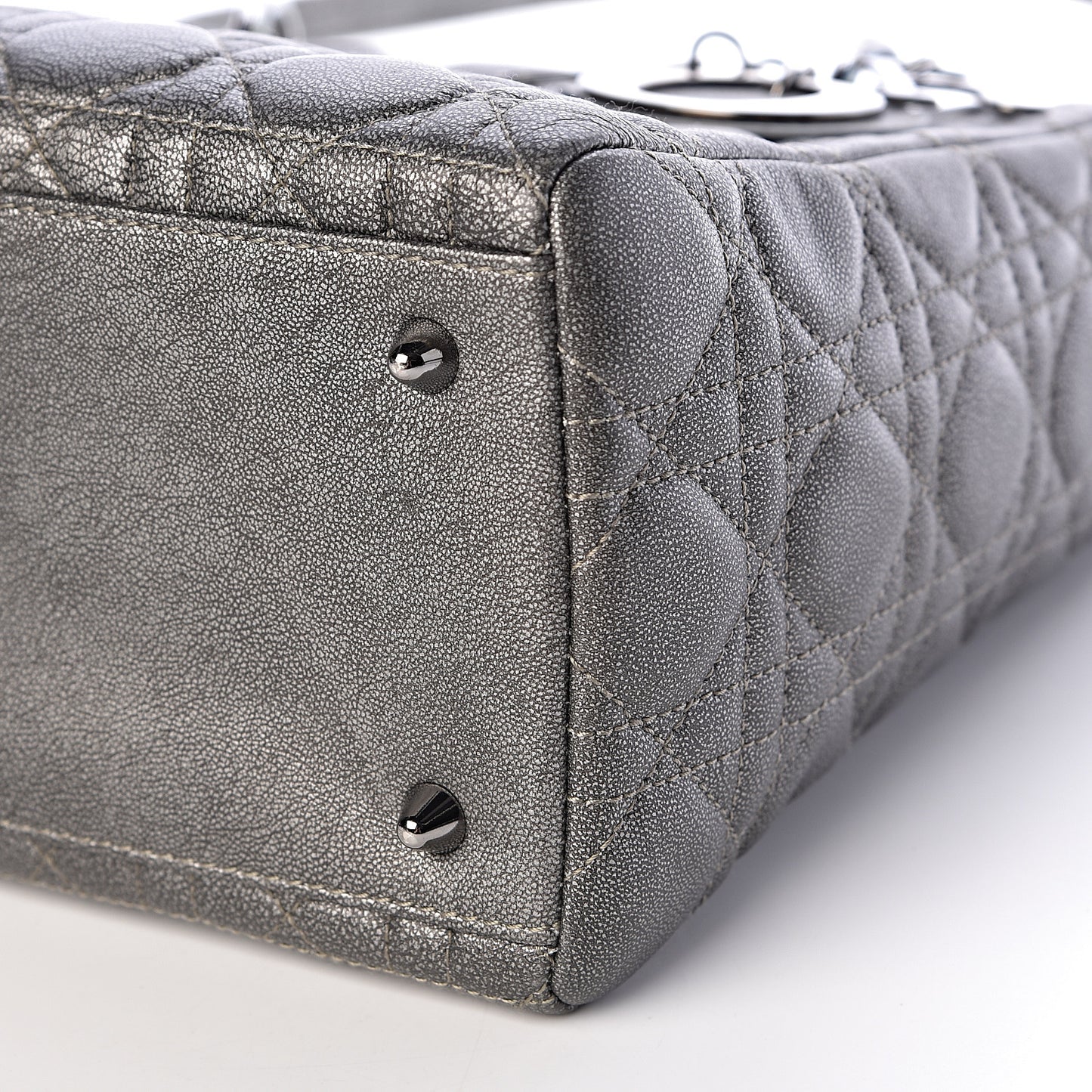 Metallic Lambskin Cannage Medium Lady Dior Gunmetal
