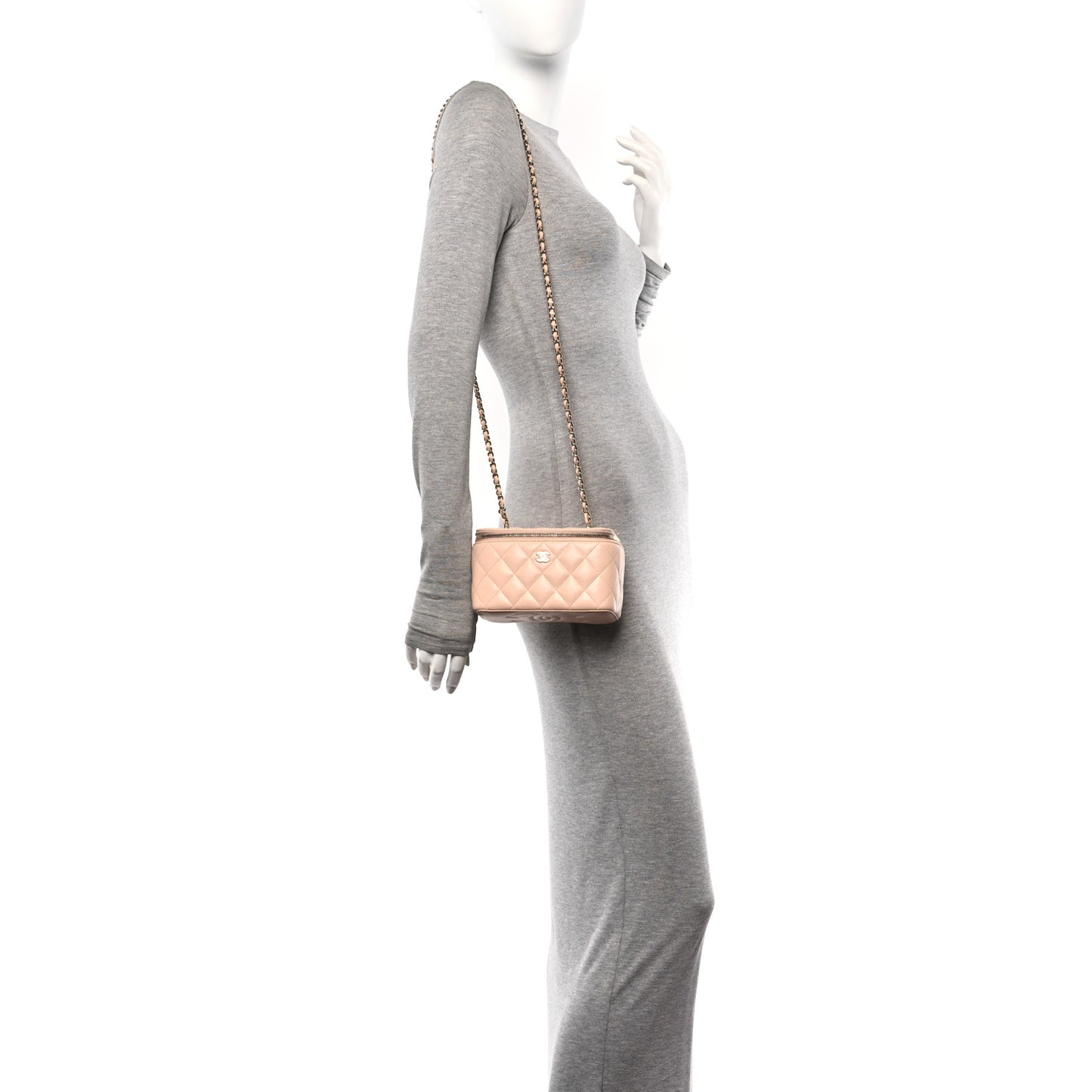 Caviar Quilted Small Vanity Case With Chain Light Beige