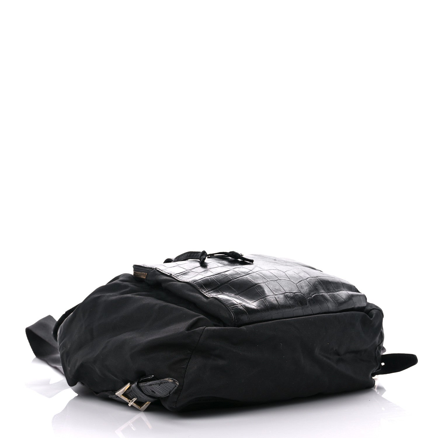 Prada Tessuto Nylon Crocodile Embossed Calfskin Cinch Backpack Black 4 of 28