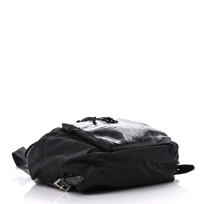Prada Tessuto Nylon Crocodile Embossed Calfskin Cinch Backpack Black 4 of 28
