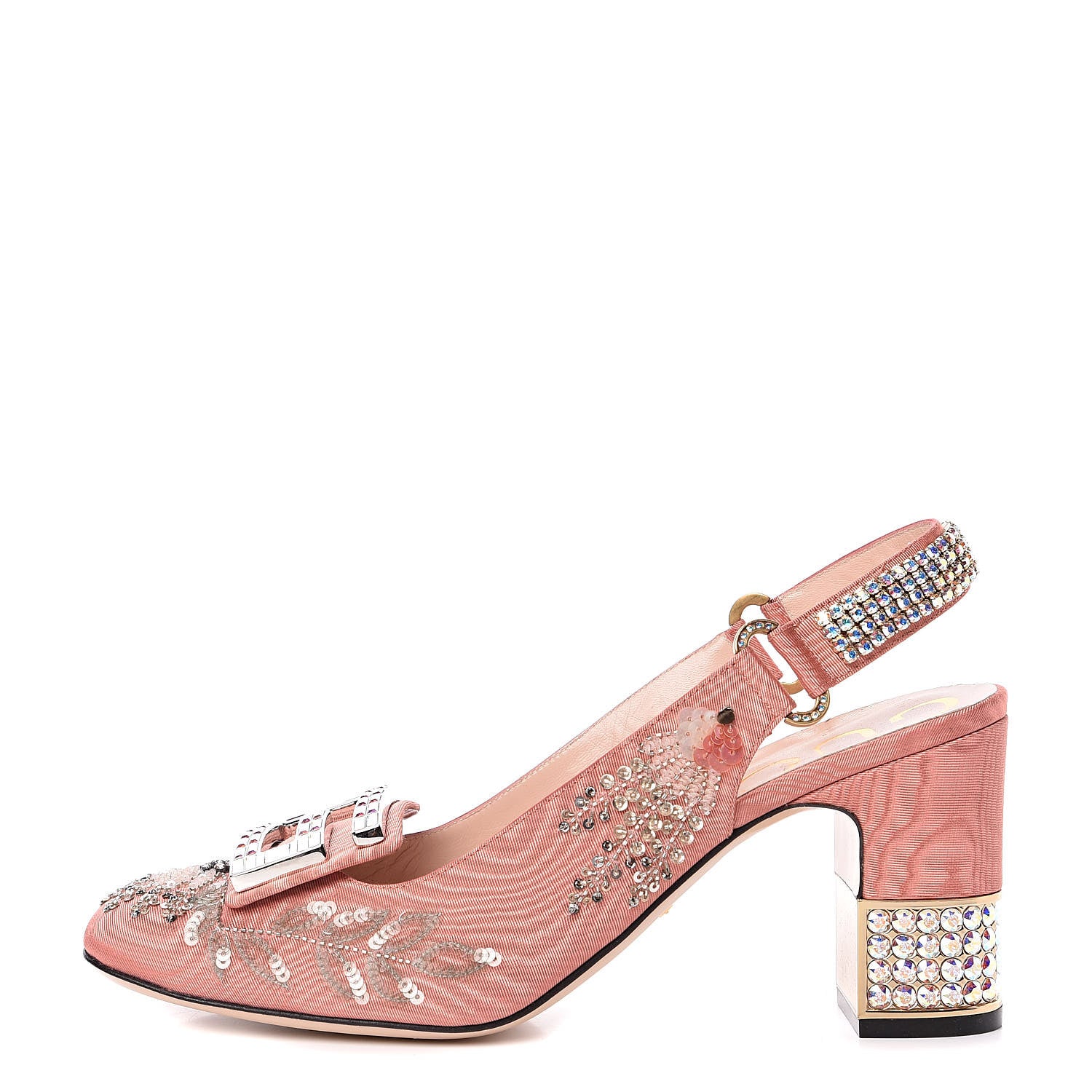 Gucci Moire Fabric Eyes Crystal Square G Madelyn Slingbacks 41 New Blush 1 of 10