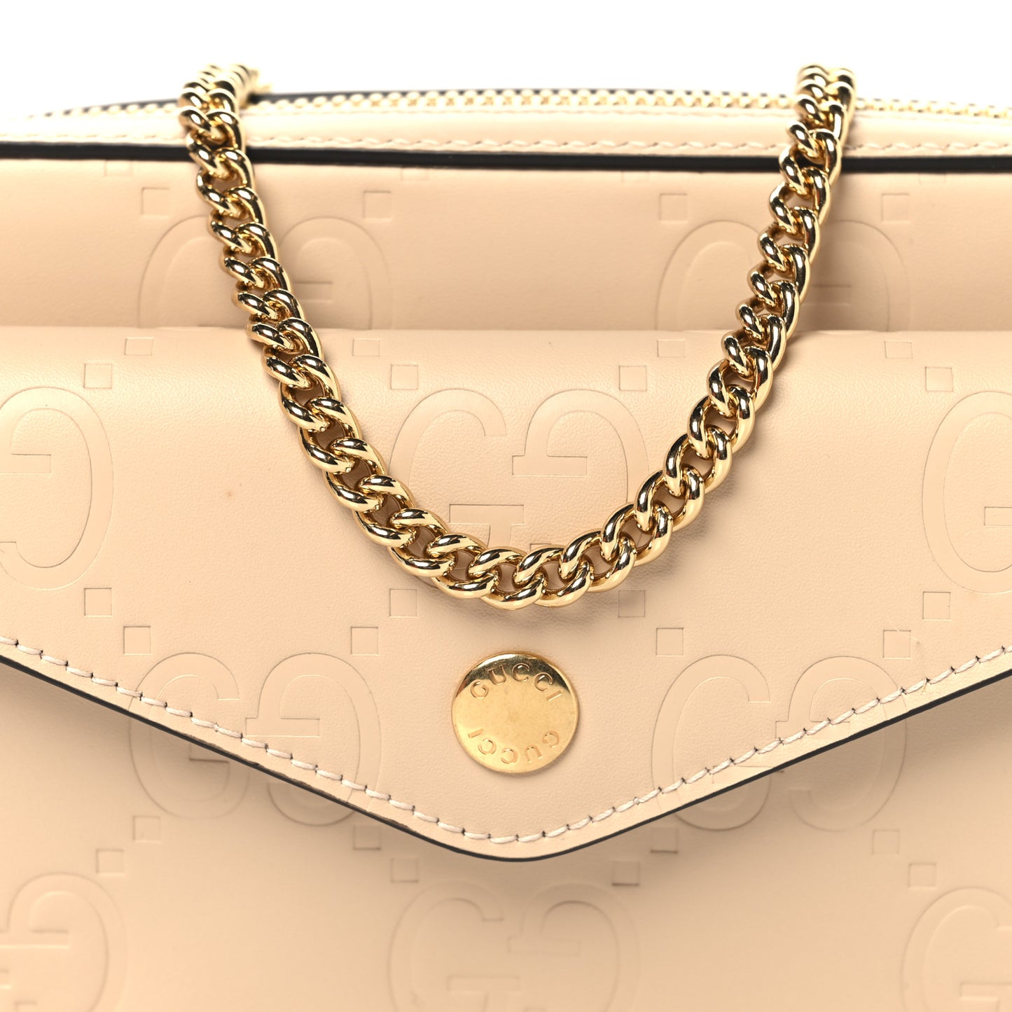 Calfskin GG Super Mini Debossed Chain Wallet Light Beige