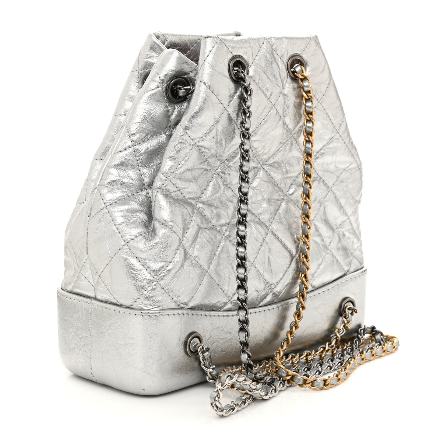 Metallic Crumpled Calfskin Quilted Small Gabrielle Backpack Silver
