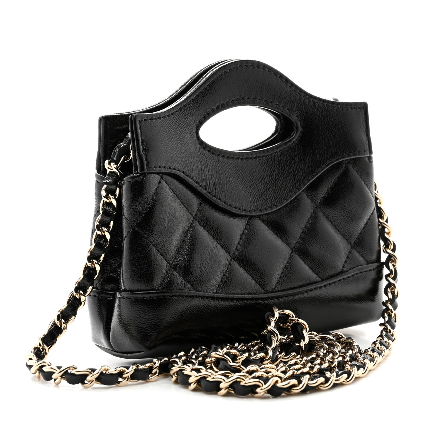 Shiny Lambskin Quilted Micro 31 Clutch With Chain Black