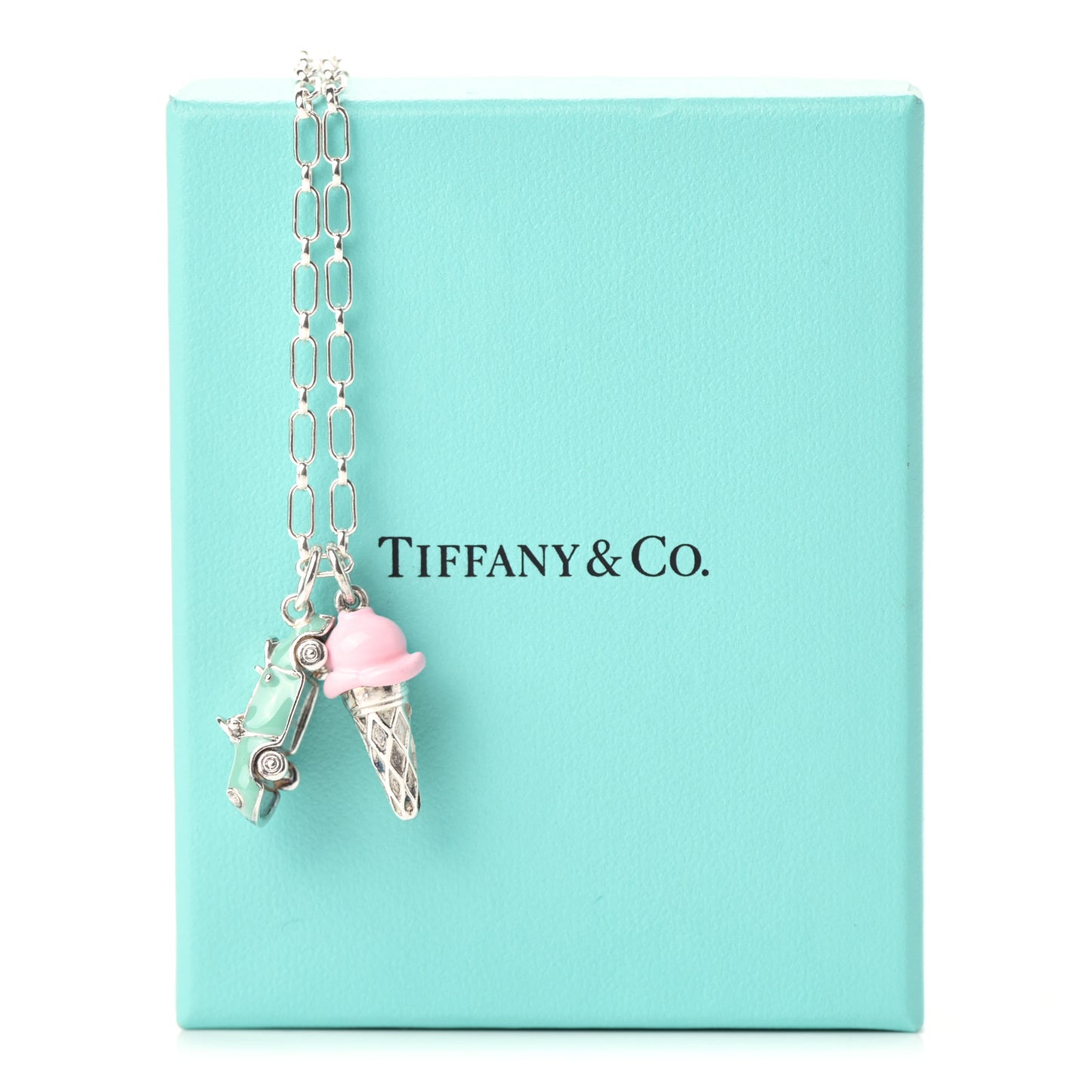Sterling Silver Enamel Ice Cream Cone & Car Charm Necklace