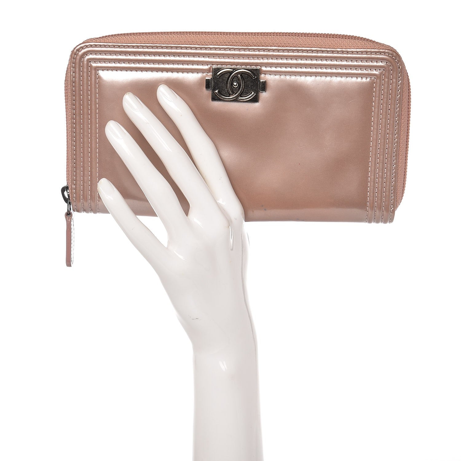 Chanel Metallic Patent Boy Large Gusset Zip Around Wallet Pink 2 of 10
