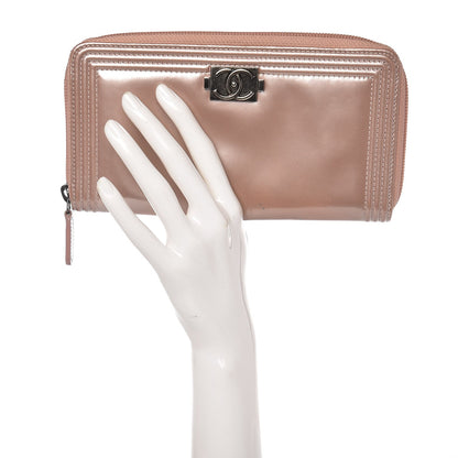 Chanel Metallic Patent Boy Large Gusset Zip Around Wallet Pink 2 of 10