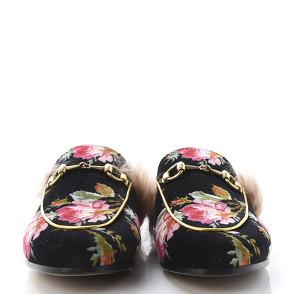 Gucci Velvet Fur Floral Womens Princetown Slippers 36 Black 2 of 8