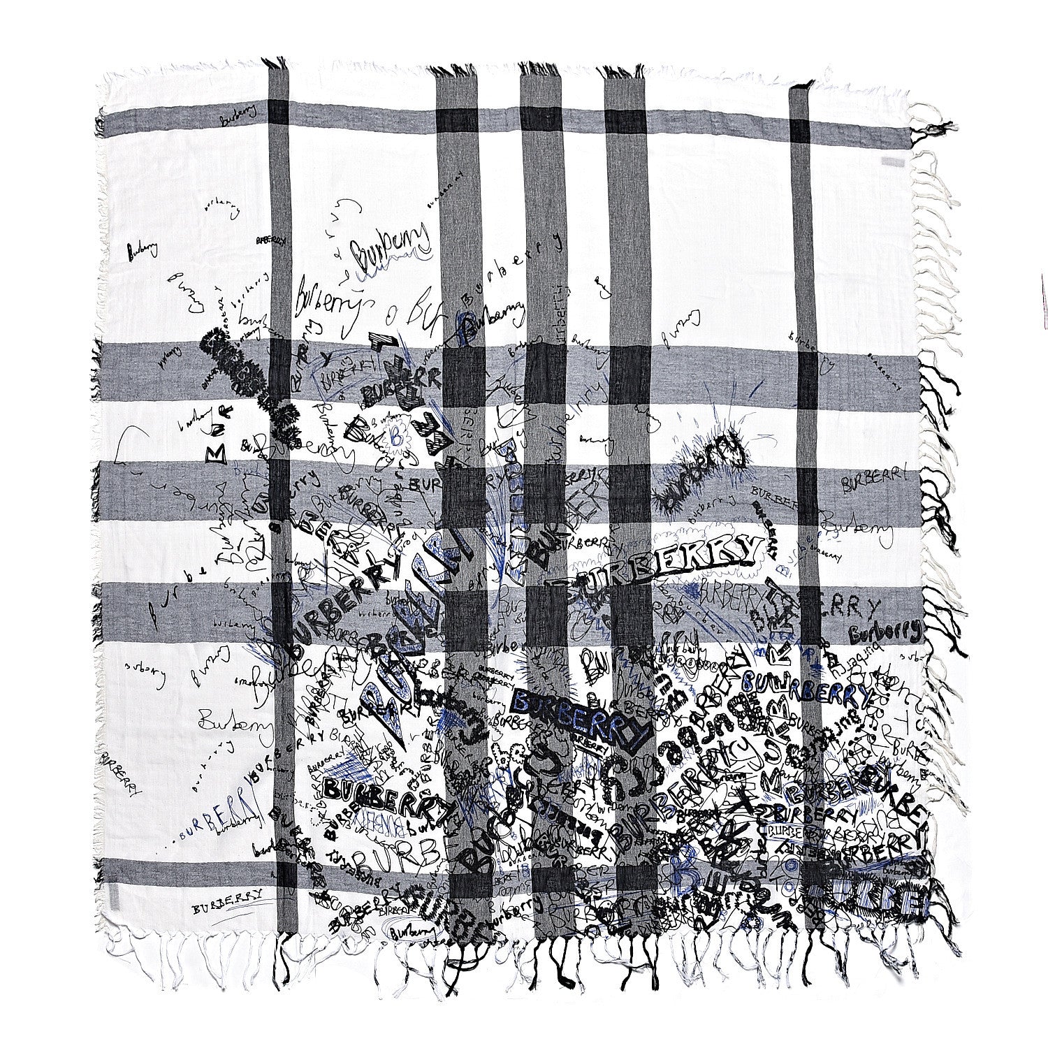 Burberry Silk Cotton Mega Check Doodle Text Scarf Ink Blue 1 of 3