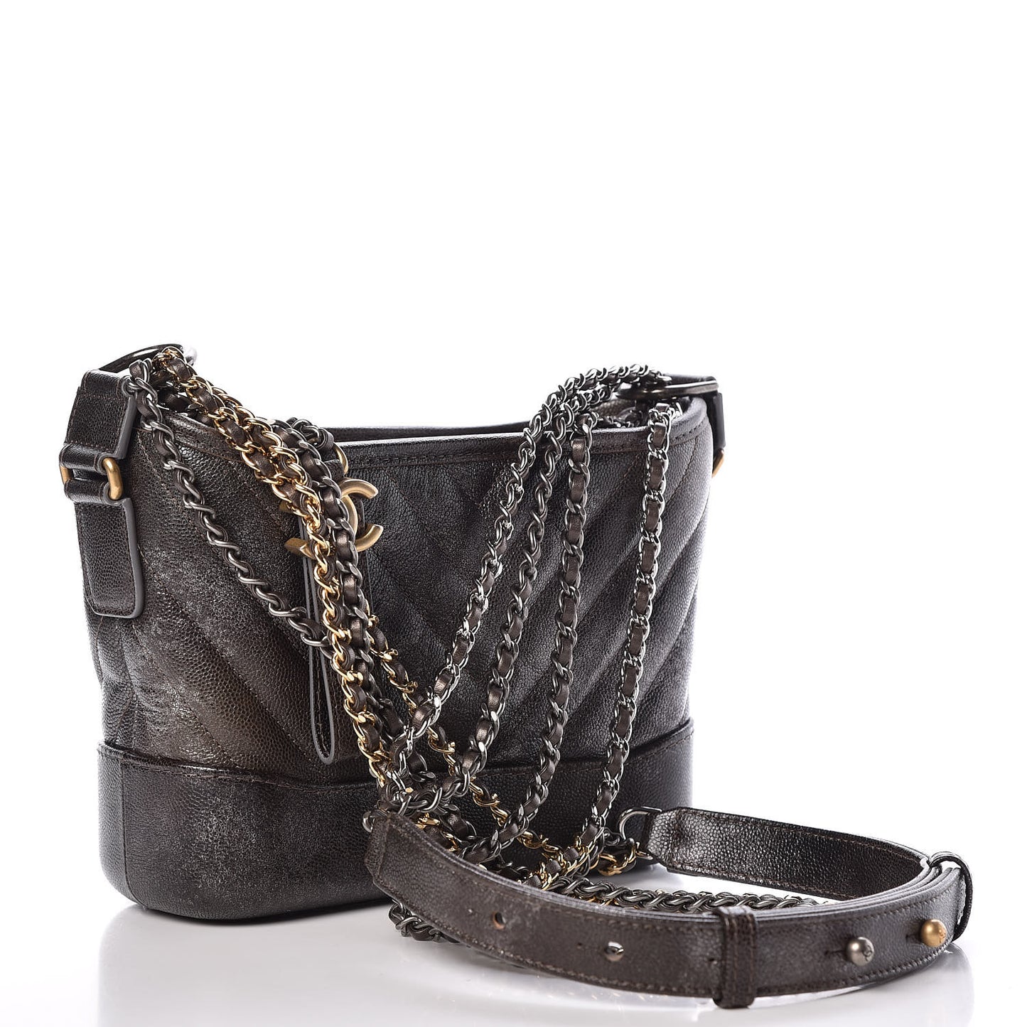 Metallic Grained Goatskin Chevron Quilted Small Gabrielle Hobo Dark Silver Gold