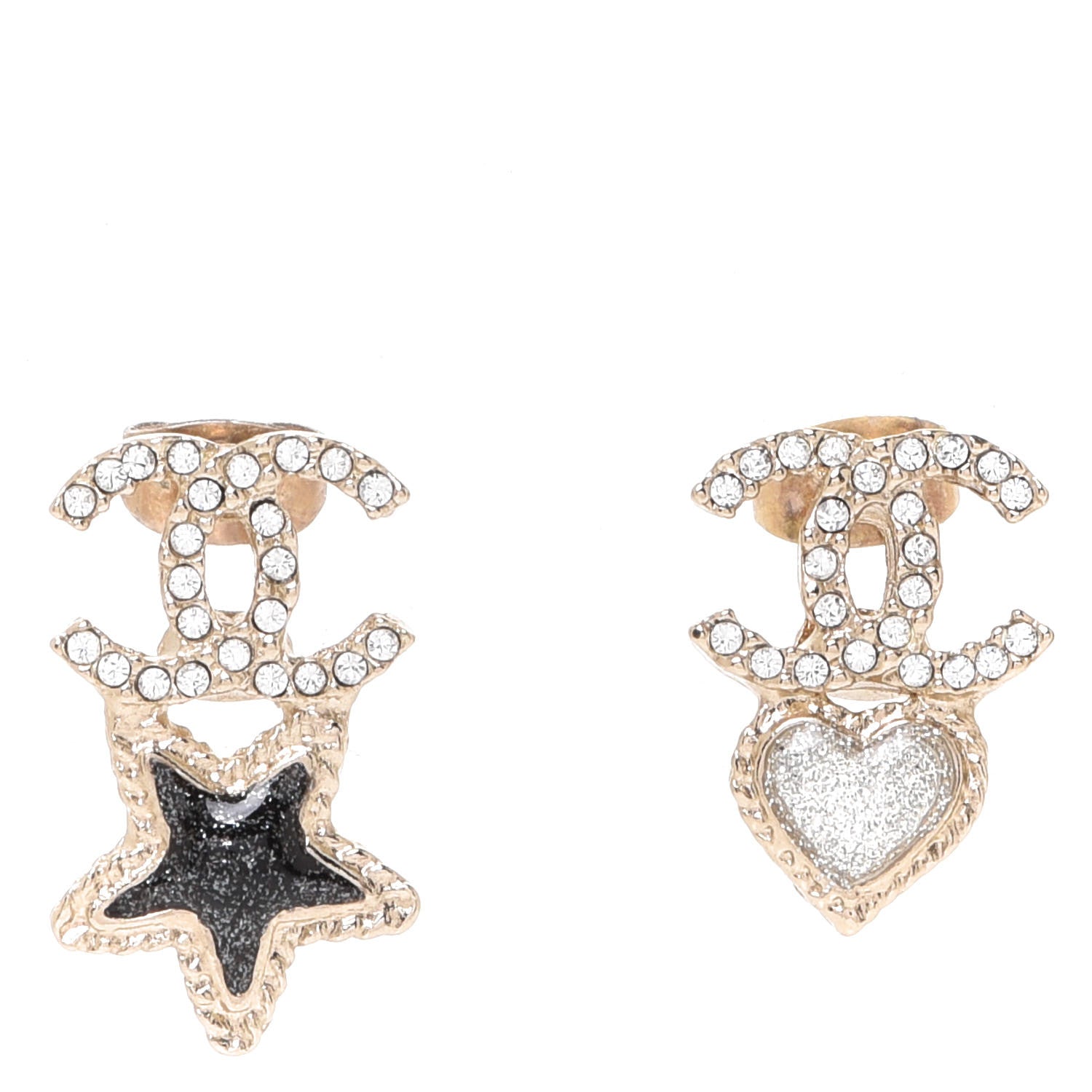 Chanel Crystal Enamel CC Star Heart Earrings Gold 1 of 4