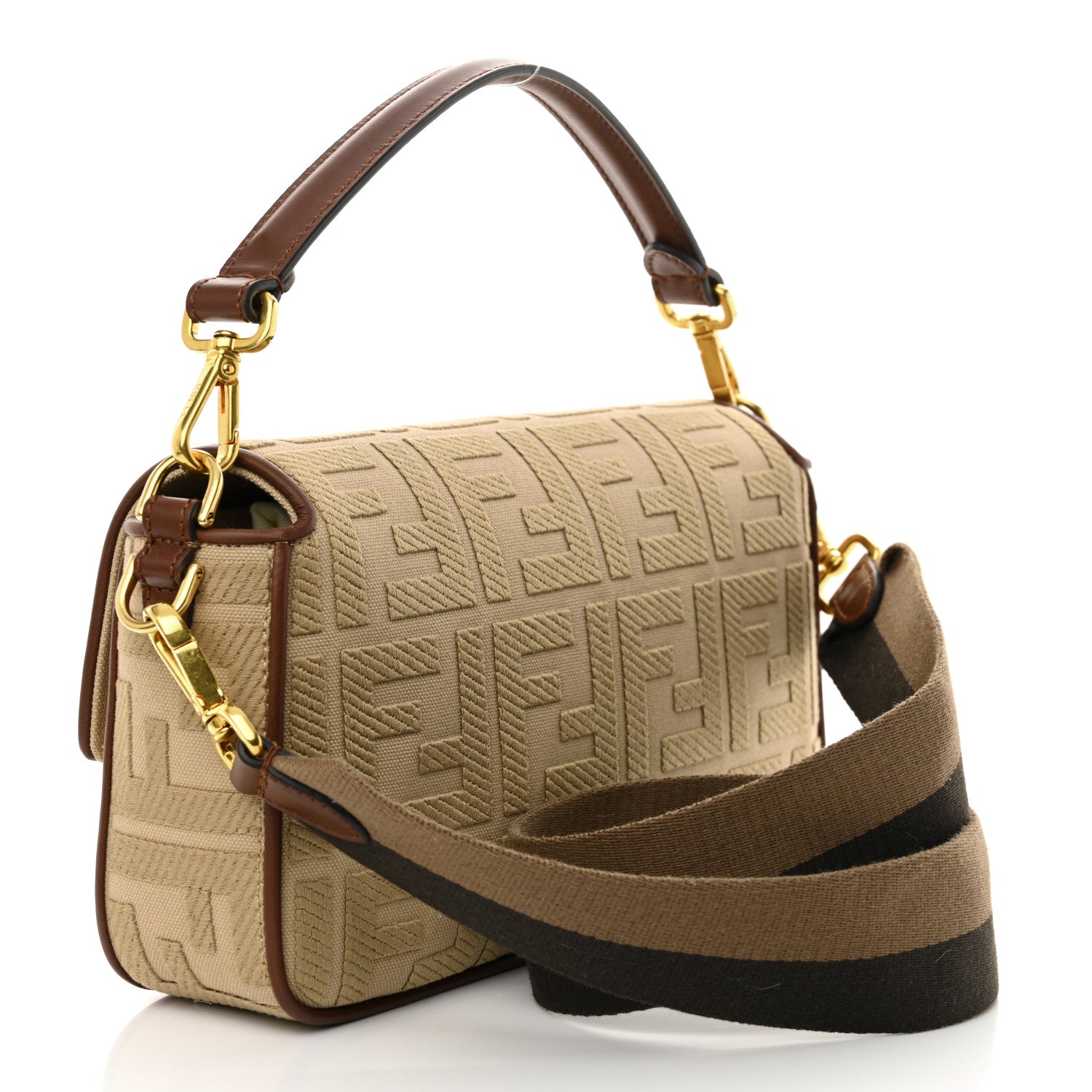 Fendi Canvas Vitello King FF Embroidered Baguette Sand Ghianda 3 of 9