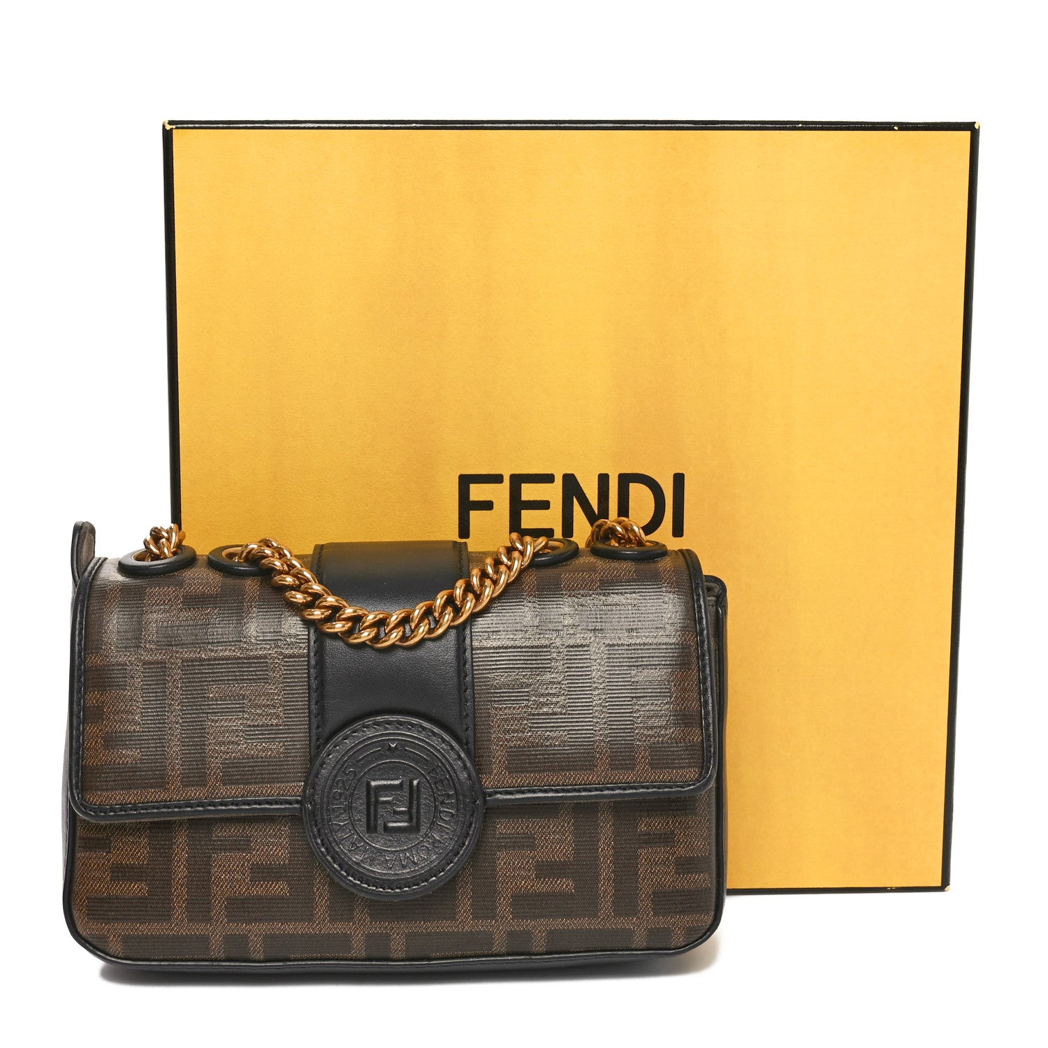 Fendi Glazed Fabric Vitello Century FF 1974 Stamp Patch Mini Double F Crossbody Bag Mogano Panna Black 11 of 11