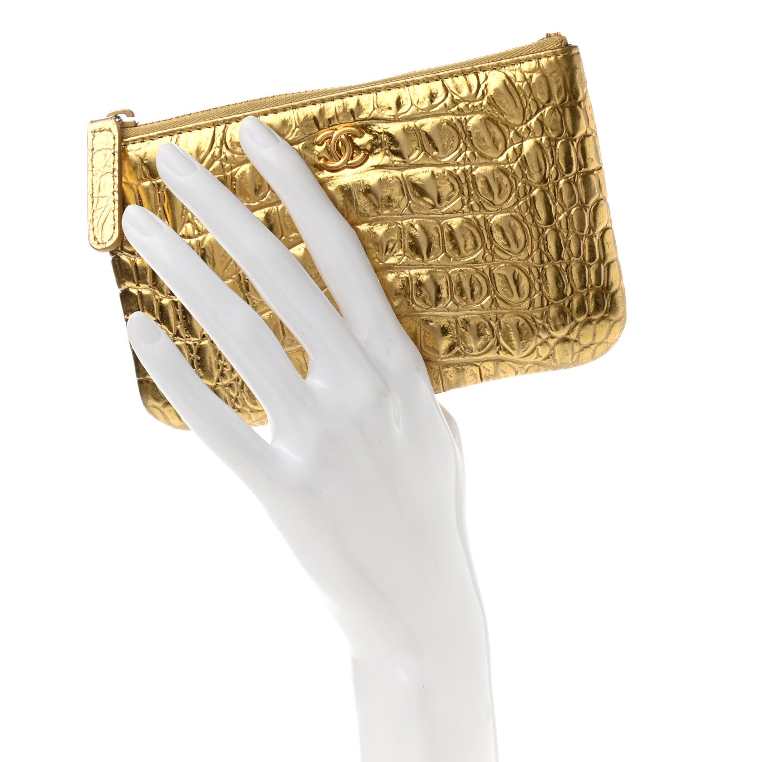 Chanel Metallic Calfskin Crocodile Embossed Cocodile Small Cosmetic Case Gold 2 of 7