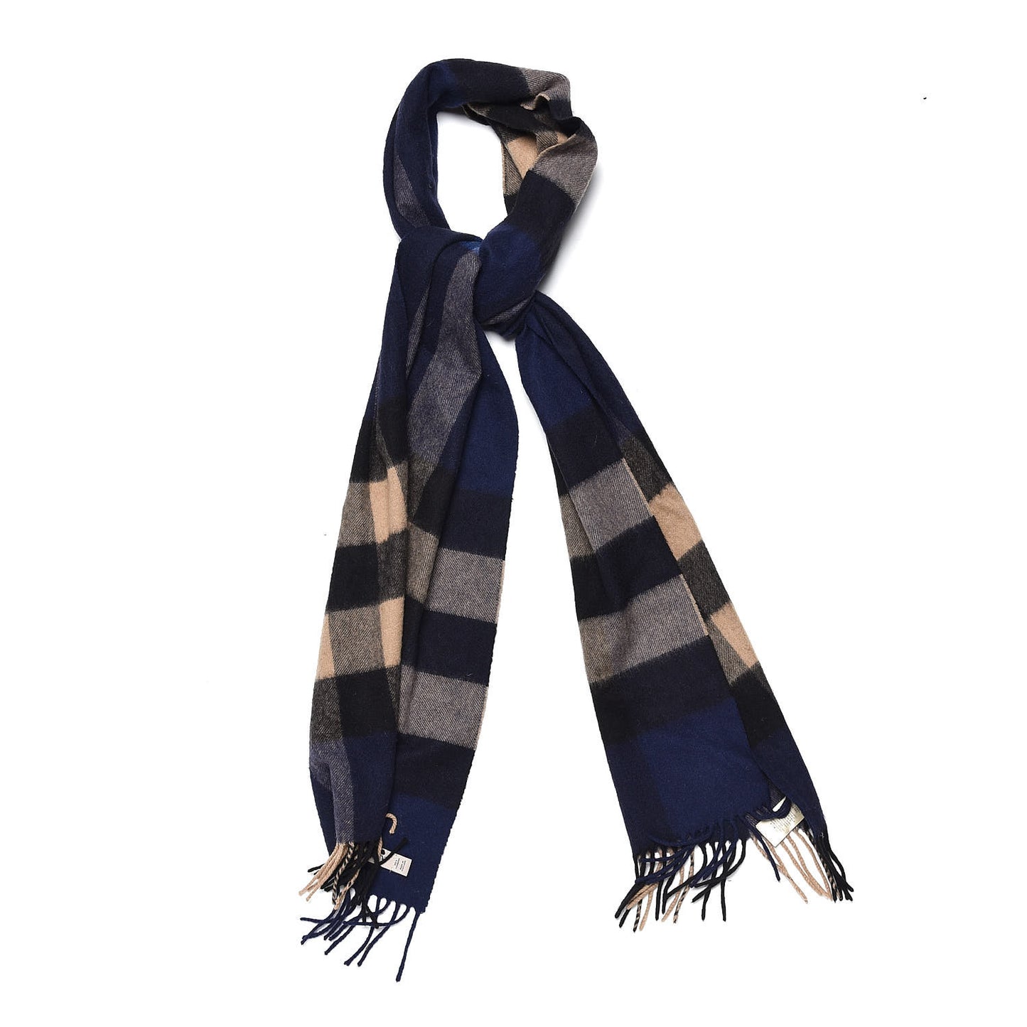 Cashmere Giant Check Fringe Scarf Blue
