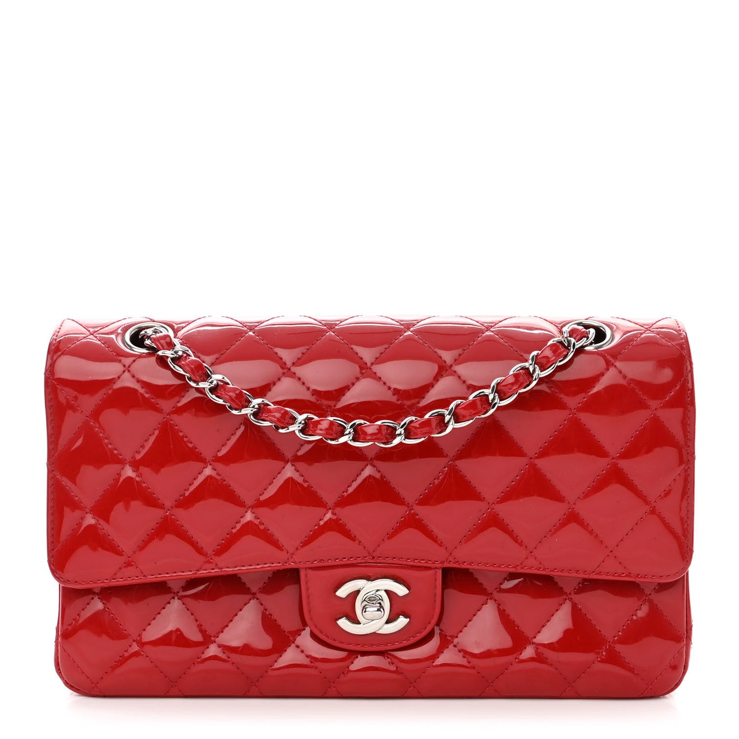Patent Calfskin Quilted Medium Double Flap Red