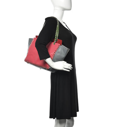Valentino Garavani Vitello Colorblock Medium Rockstud Tote Deep Rose Clover Grey Scarlet 2 of 20