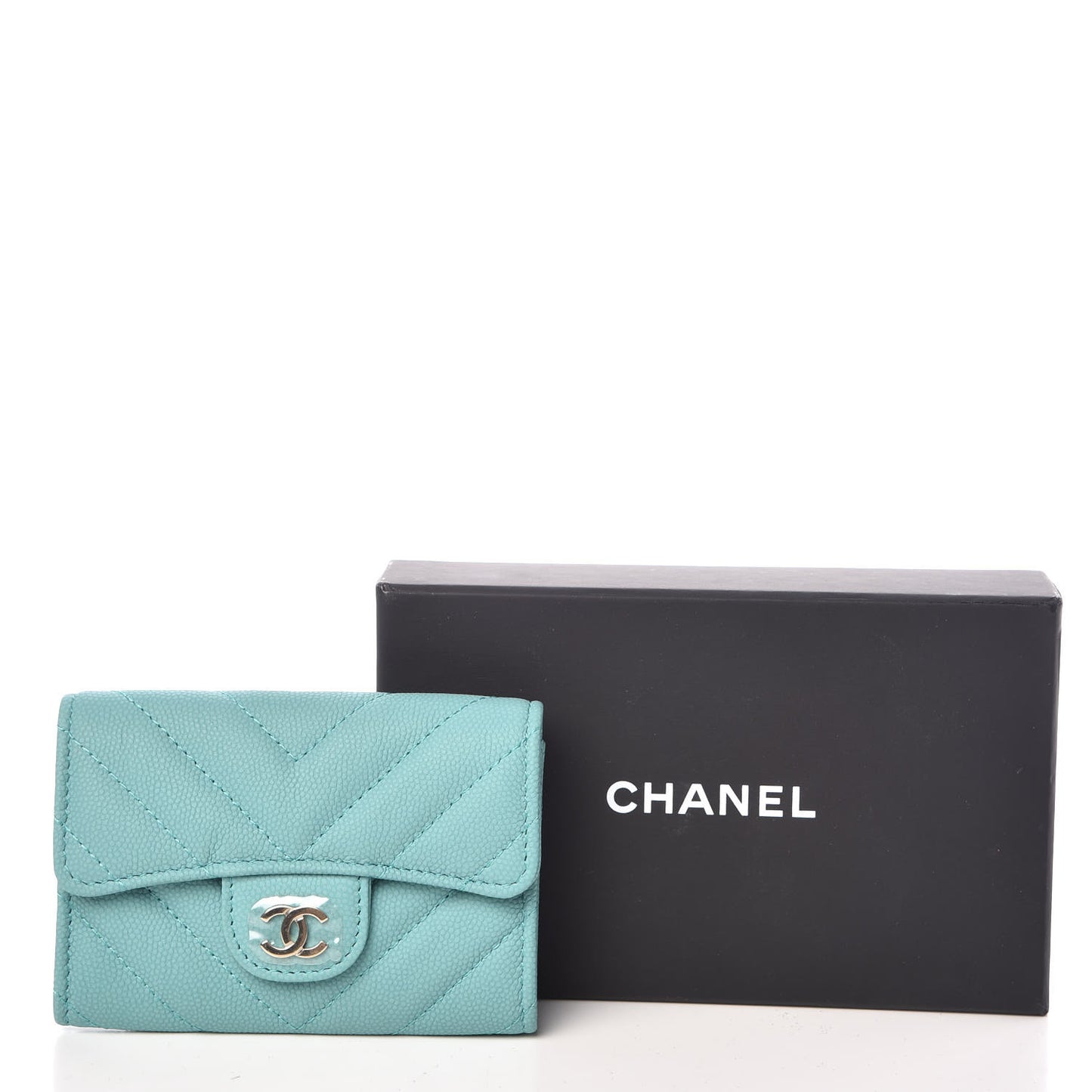 Caviar Chevron Quilted Card Holder Wallet Turquoise
