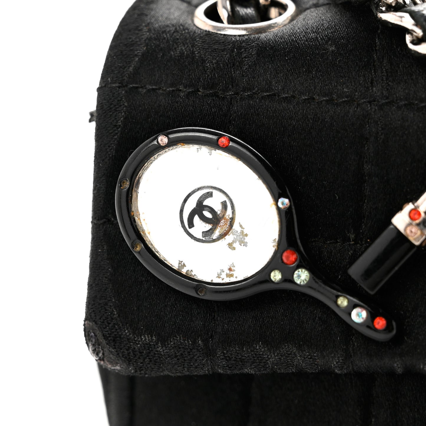 Satin Square Quilted Lipstick Charm Mini Flap Black