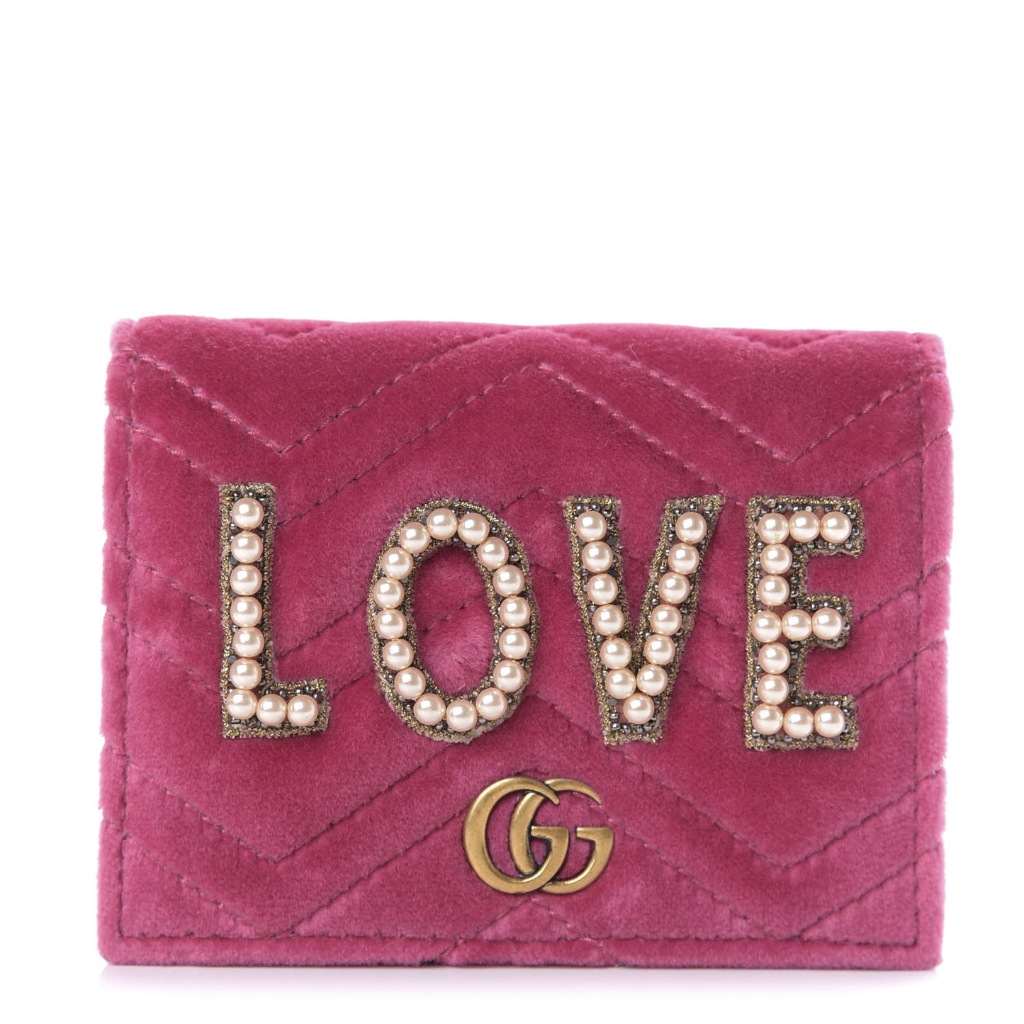 Velvet Matelasse Pearl Love Embroidered GG Marmont Card Case Wallet Light Raspberry Rose