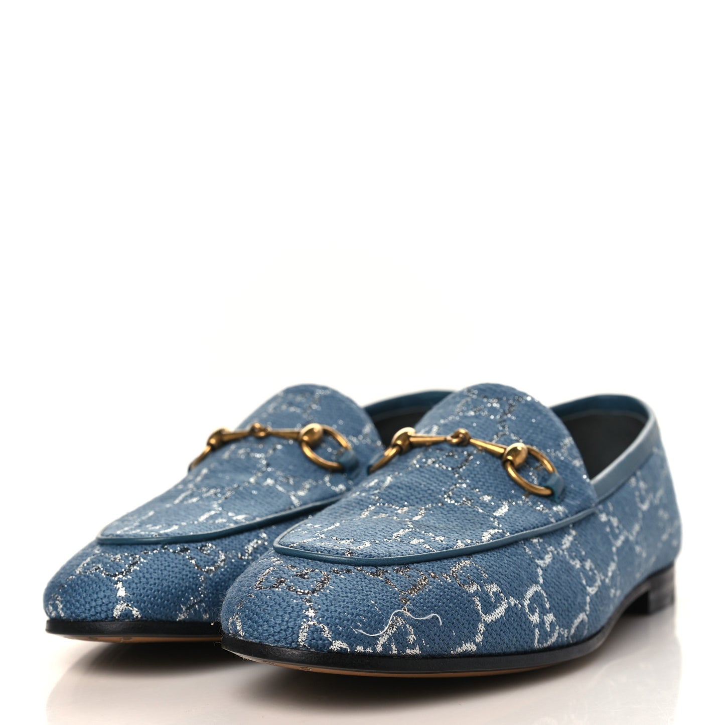 Canvas Lame GG Monogram Horsebit Womens Jordaan Loafers 38 Blue Silver Cornflower Blue