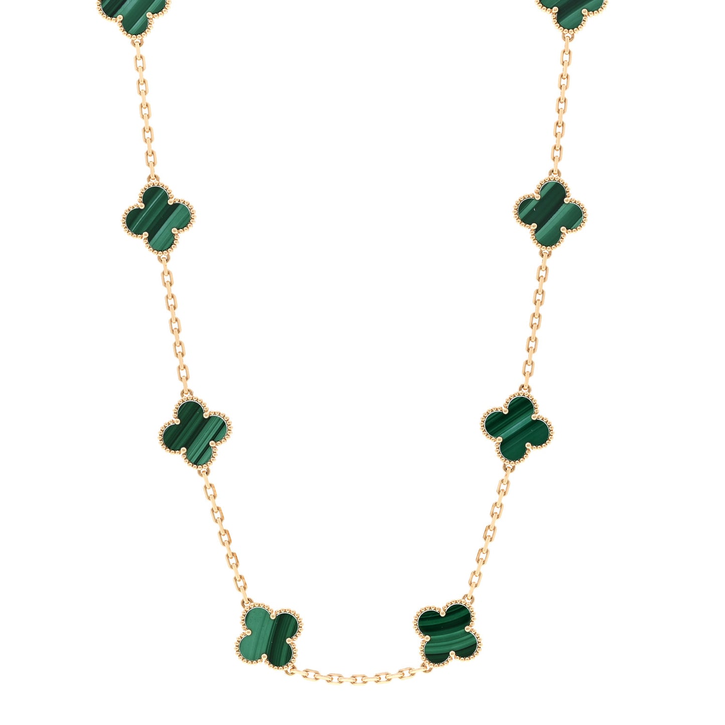 18K Yellow Gold Malachite 10 Motifs Vintage Alhambra Necklace