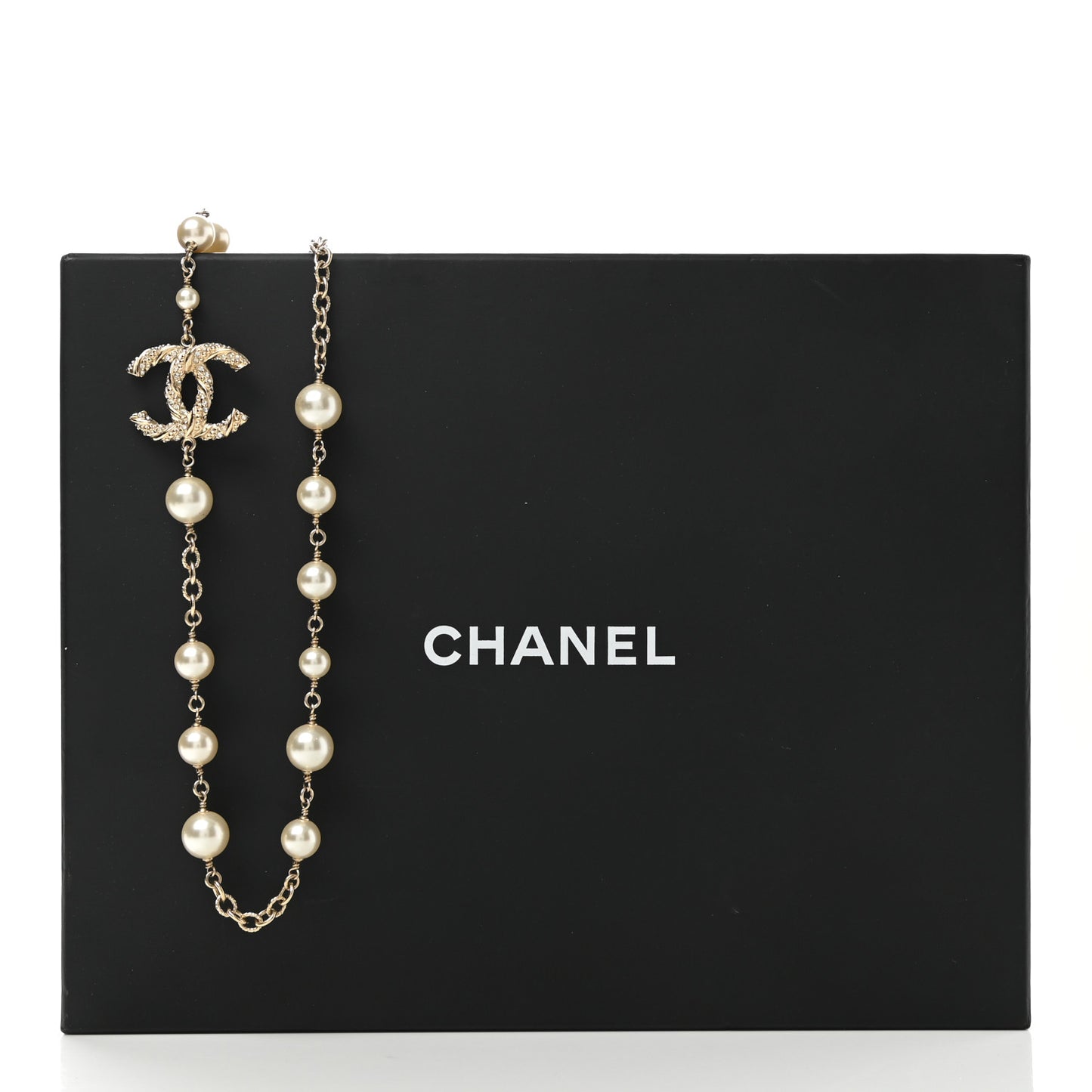 Graduated Pearl Crystal Twisted CC Long Necklace Gold