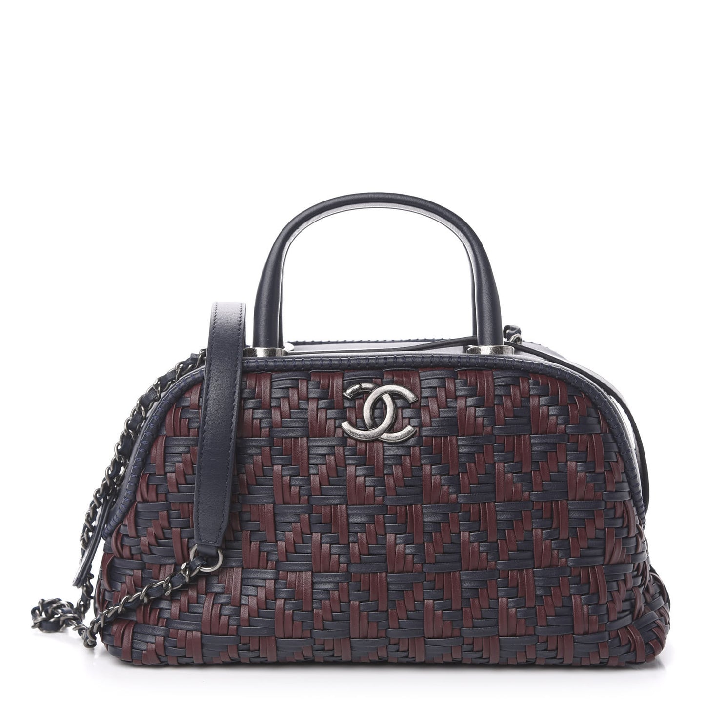 Calfskin Woven Bowling Bag Navy Blue