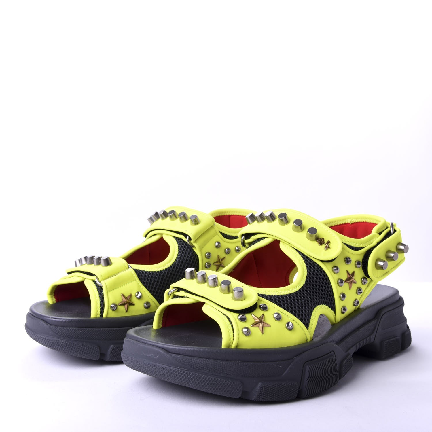 Gucci Technical Canvas Calfskin Studded Mens Aguru Sandals 7 Neon Yellow 3 of 9
