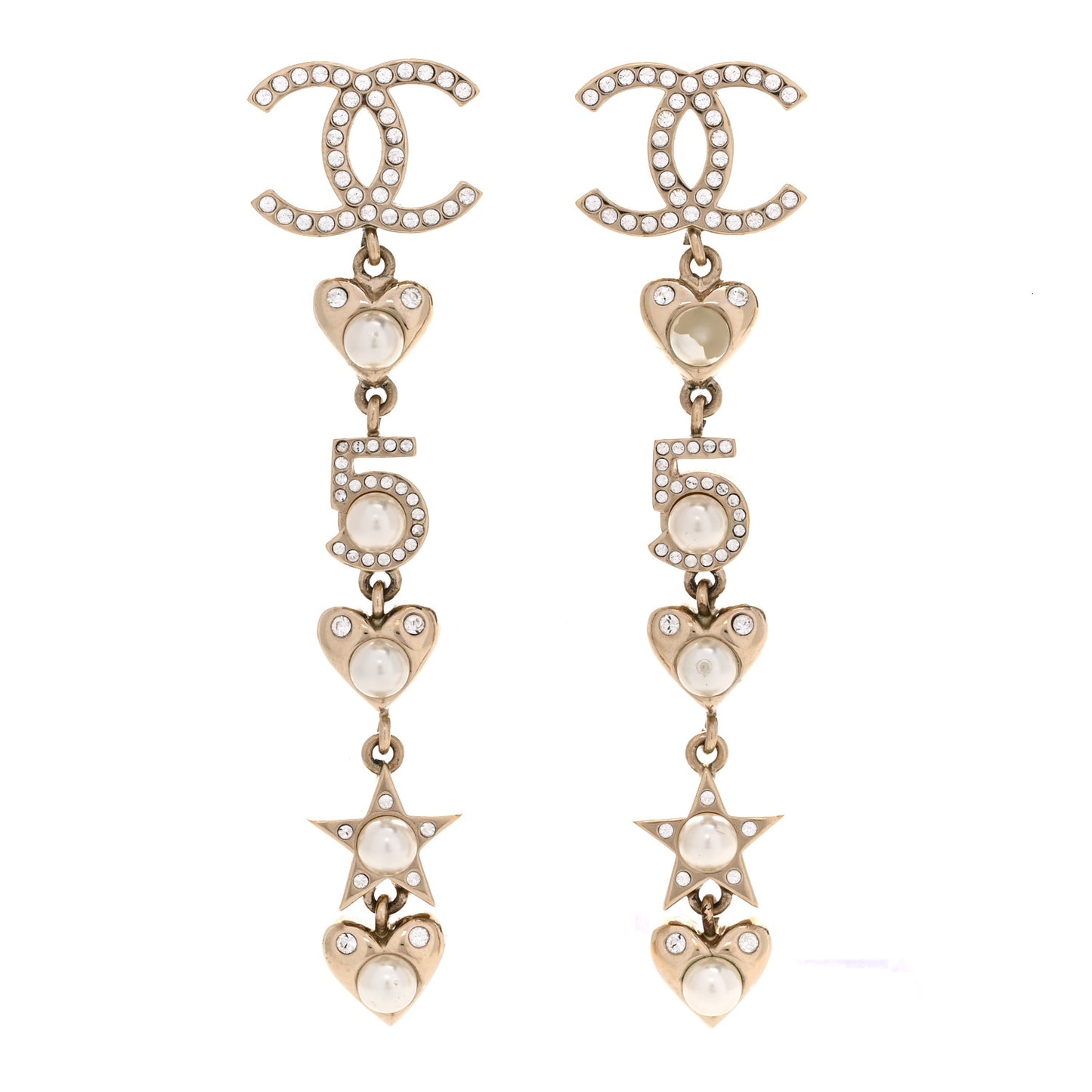 Crystal Pearl Charming Winter CC Star Heart Drop Earrings Gold