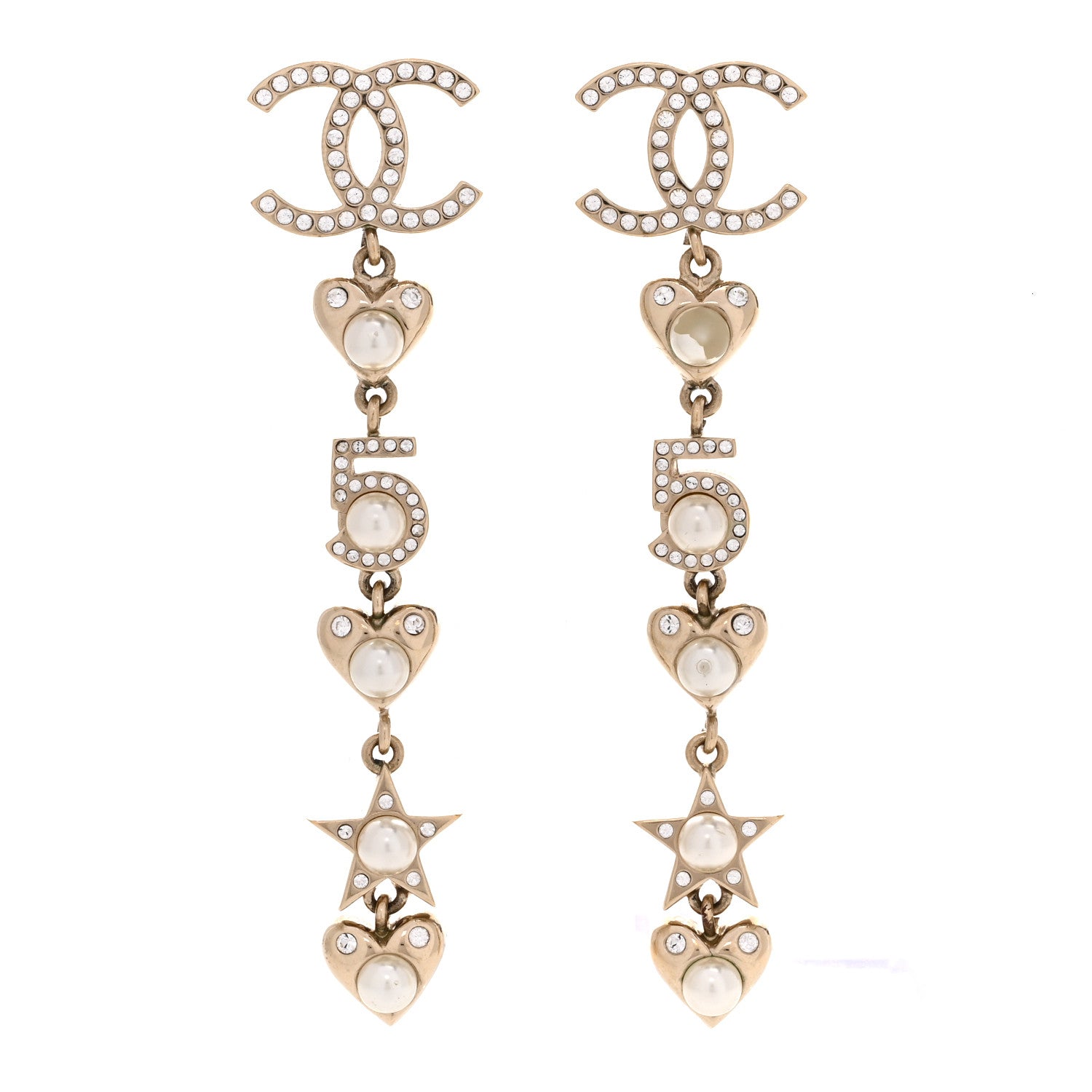 Chanel Crystal Pearl Charming Winter CC Star Heart Drop Earrings Gold 1 of 4
